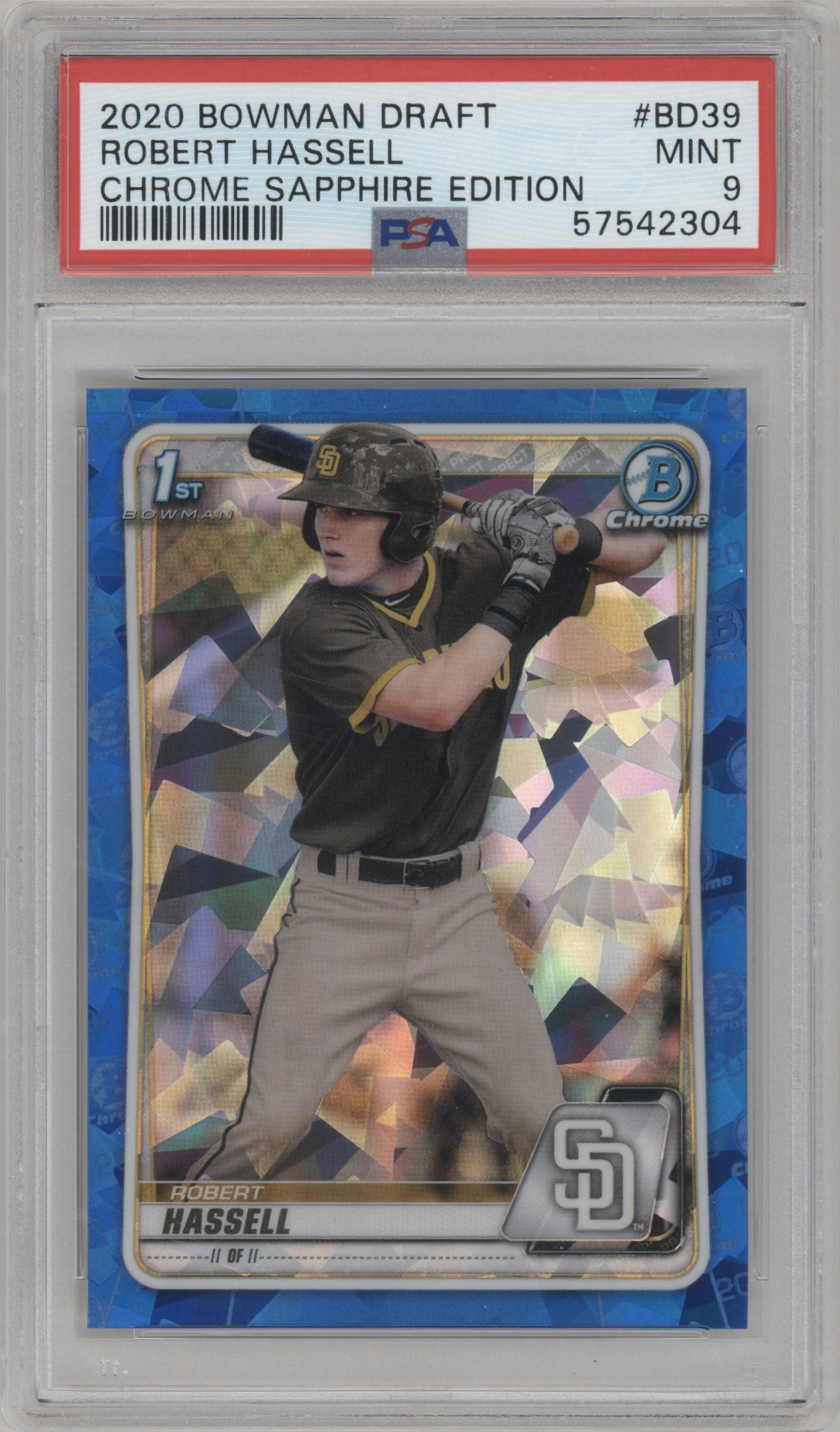 Robert Hassell from the 2020 Bowman Draft Sapphire set graded by PSA and given an overall grade of 9.