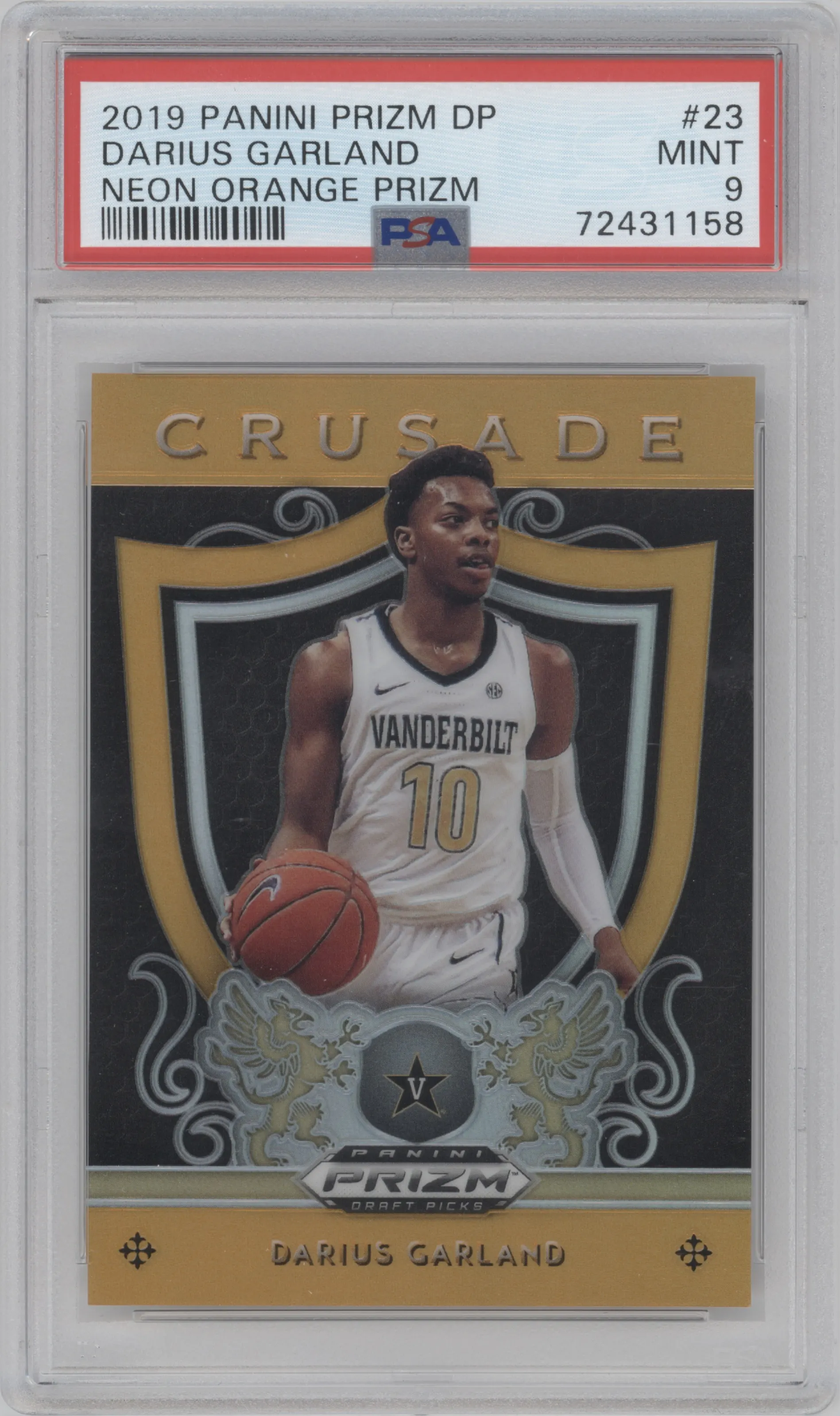 Darius Garland from the 2019-20 Panini Prizm Draft Picks set featuring a Neon Orange parallel graded by PSA and given an overall grade of 9.