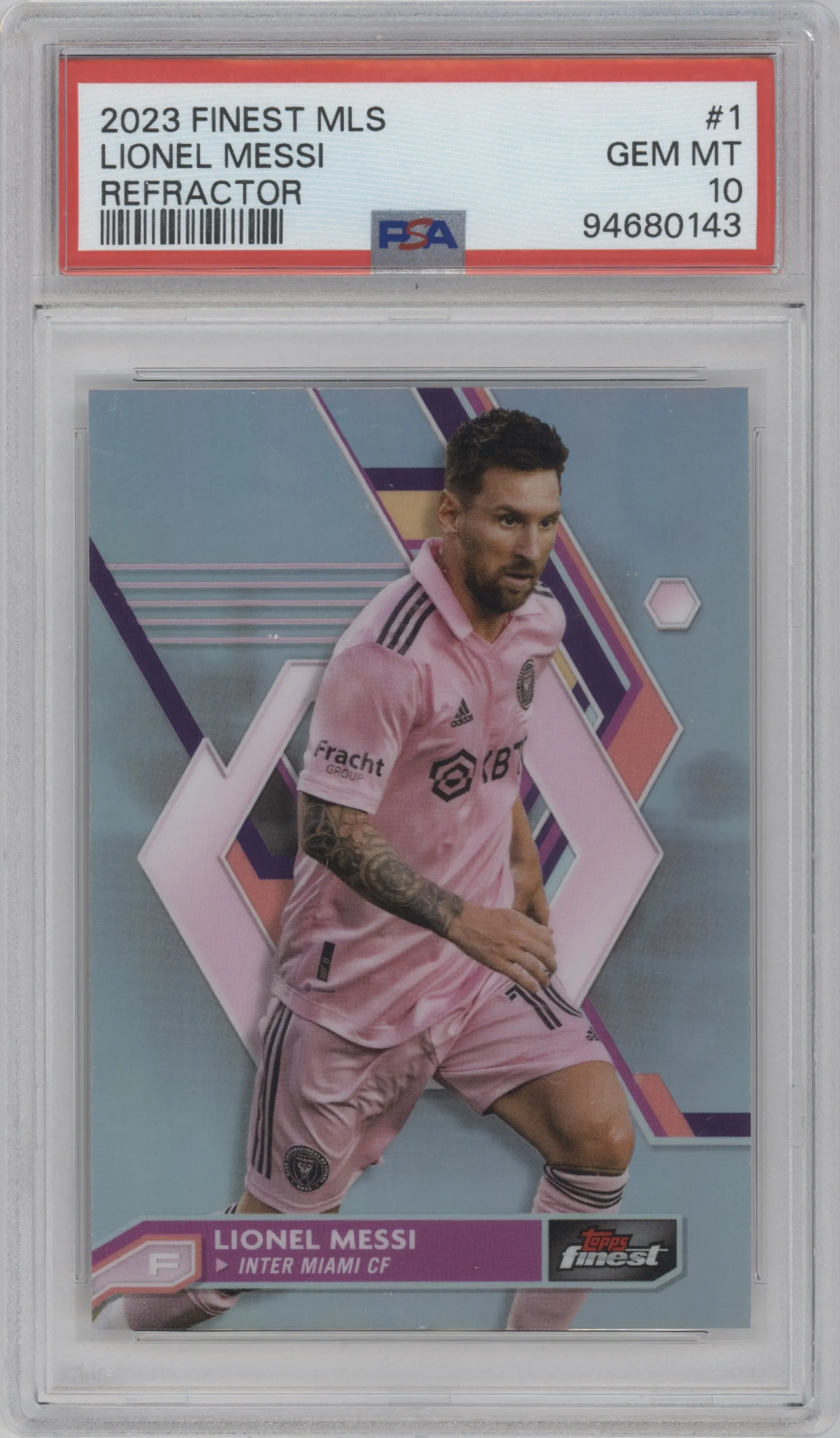 Lionel Messi from the 2023 Topps Finest MLS set featuring a Refractor parallel graded by PSA and given an overall grade of 10.