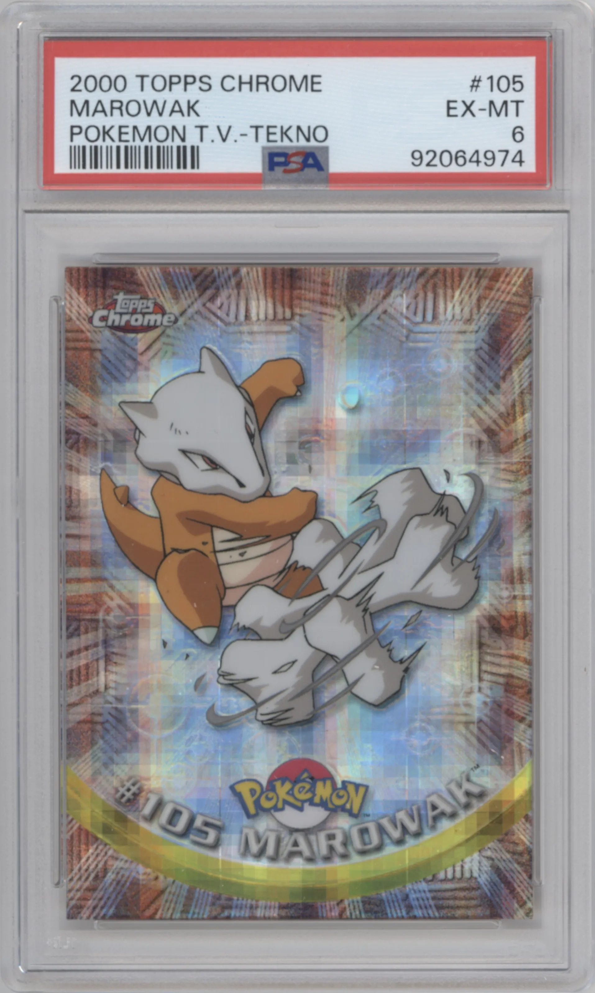 Marowak from the 2000 Pokemon set featuring a Tekno parallel graded by PSA and given an overall grade of 6.