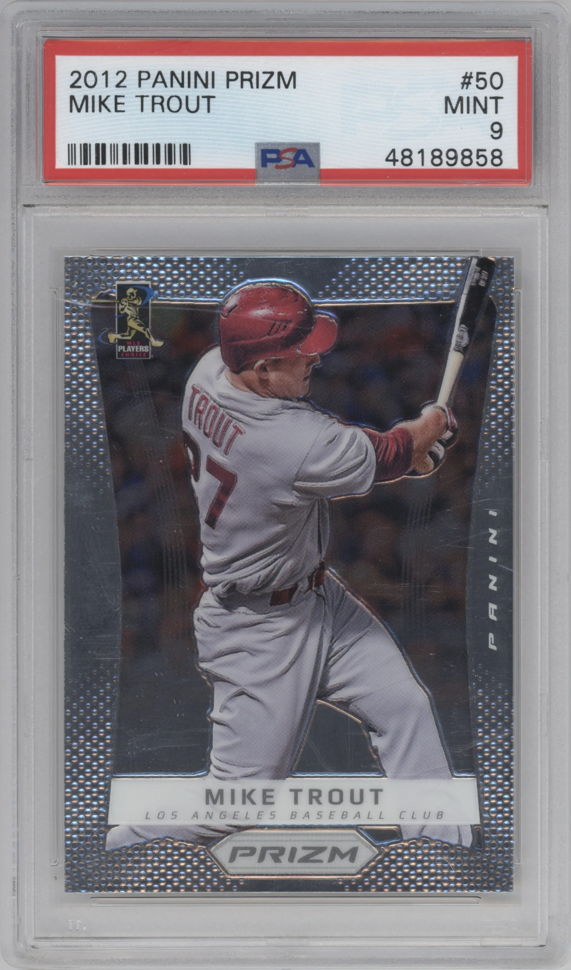 Mike Trout from the 2012 Panini Prizm set graded by PSA and given an overall grade of 9.