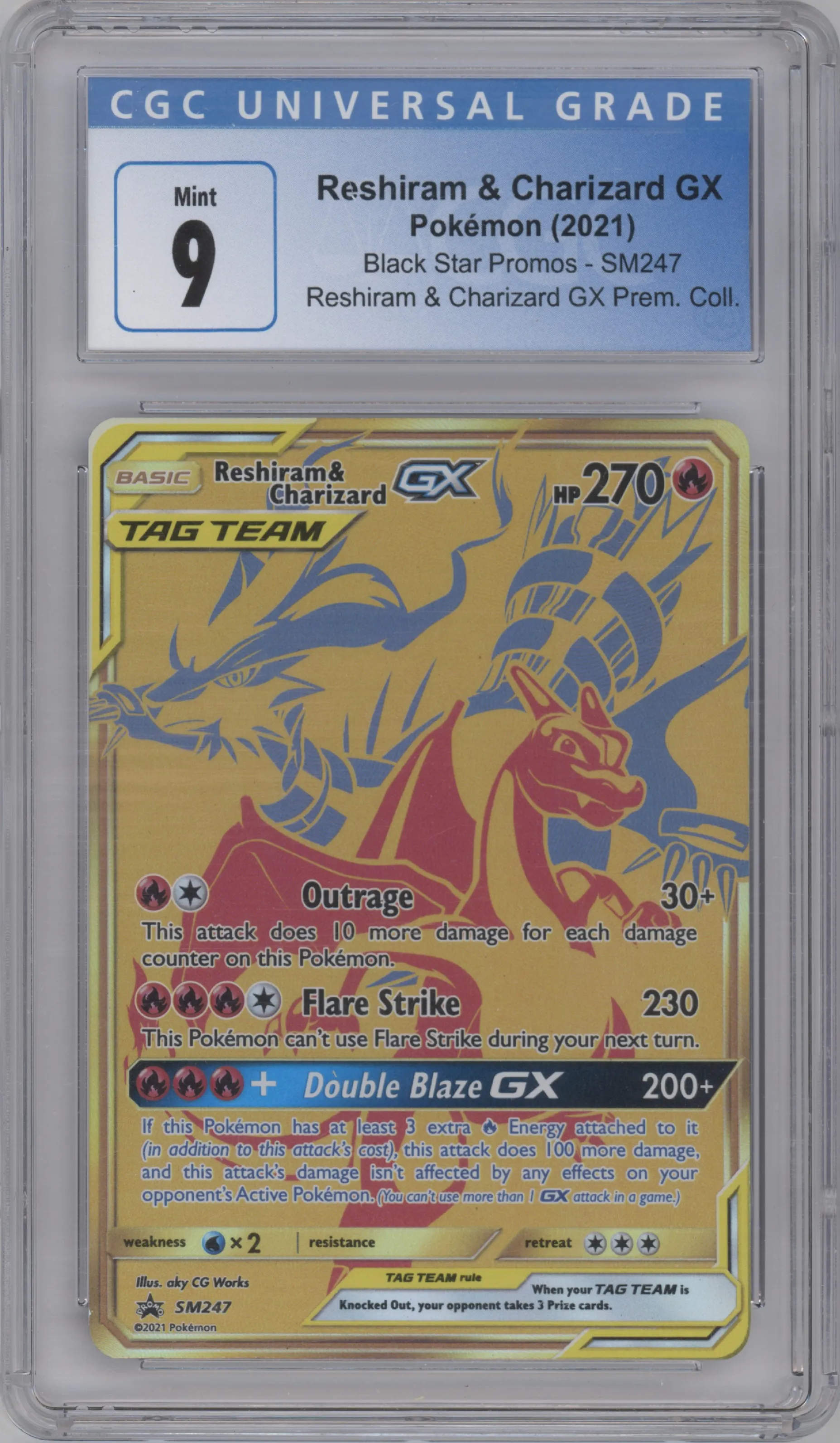 Reshiram/Charizard GX from the 2021 Pokemon S&M set featuring a Reshiram Charizard GX Premium Collection parallel graded by CSG and given an overall grade of 9.