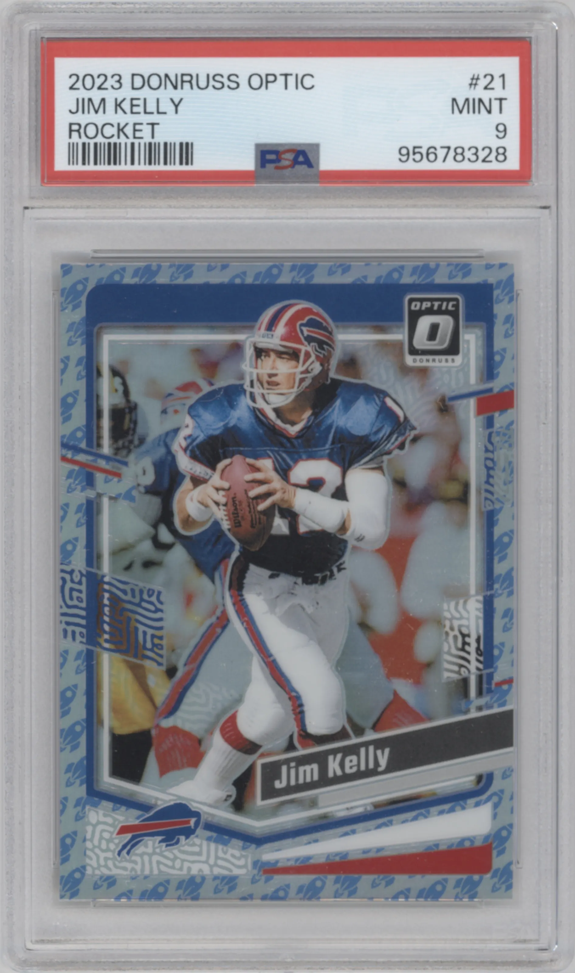Jim Kelly from the 2023 Donruss Optic set featuring a Rocket parallel graded by PSA and given an overall grade of 9.