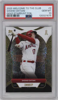 Shohei Ohtani from the 2025 Topps Welcome to the Club: 3X MVP Baseball set featuring a Gold Stardust Foil  parallel graded by PSA and given an overall grade of 10.