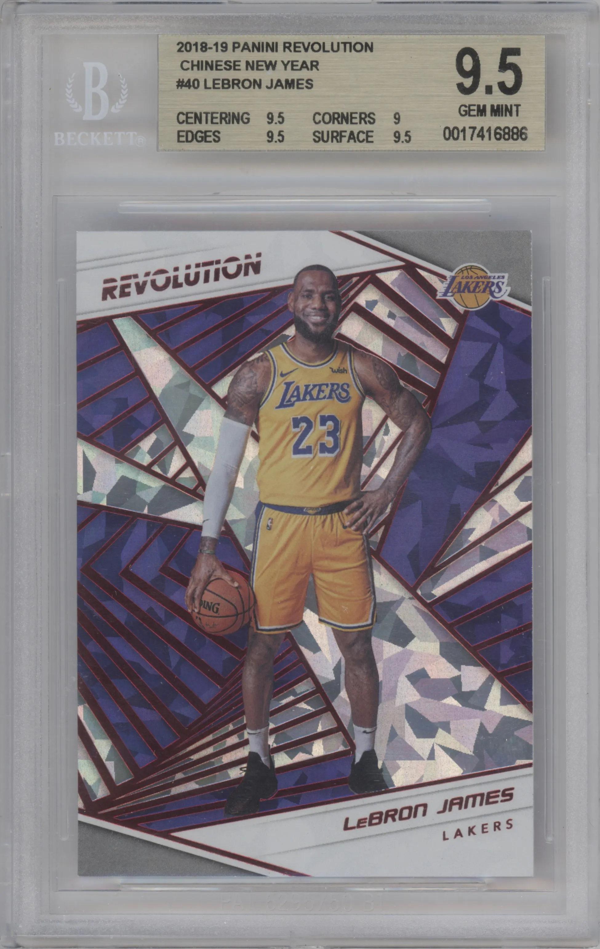LeBron James from the 2018-19 Panini Revolution  set featuring a Chinese New Year parallel graded by Beckett and given an overall grade of 9.5.