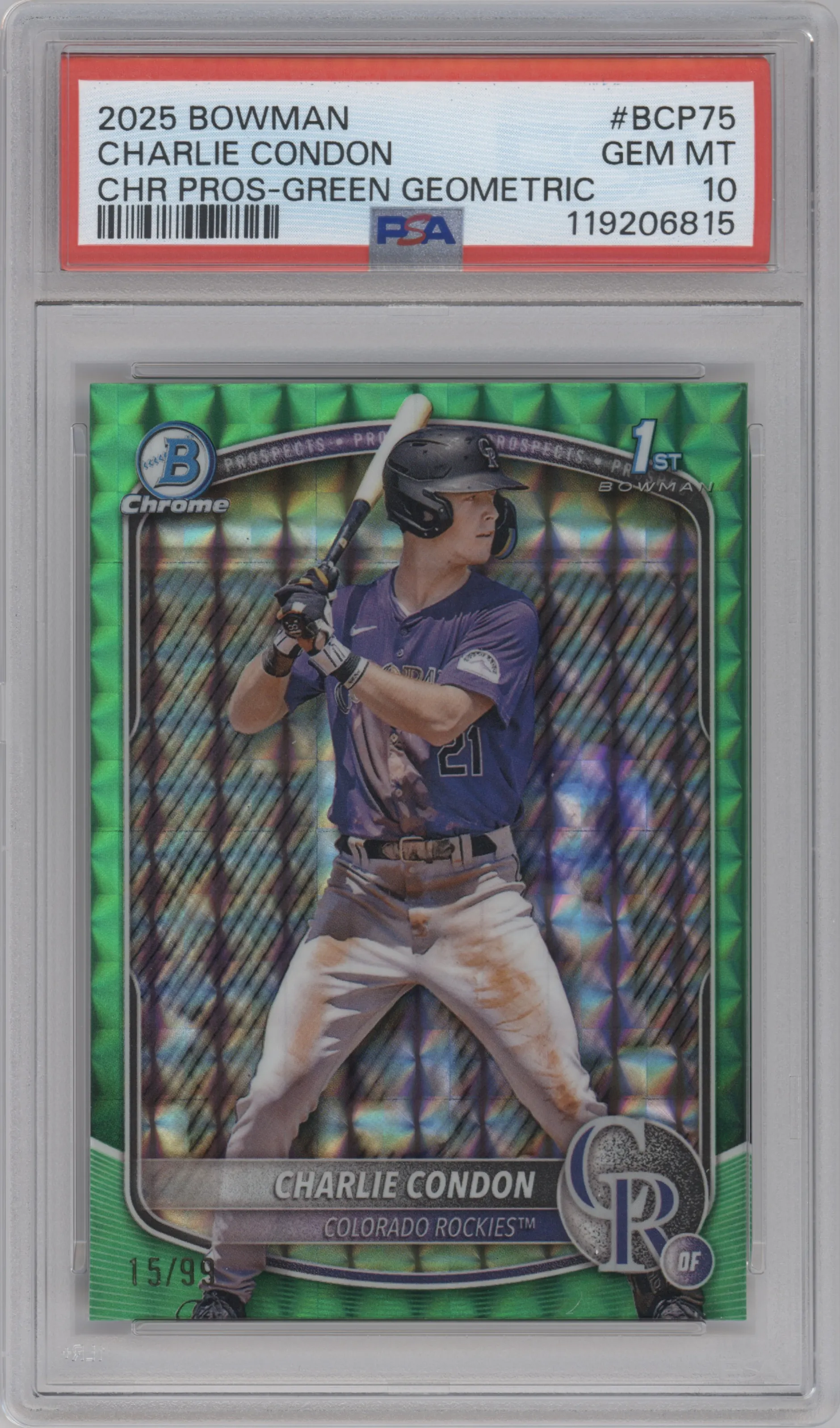 Charlie Condon from the 2025 Bowman set featuring a Green Geometric Refractor parallel graded by PSA and given an overall grade of 10.