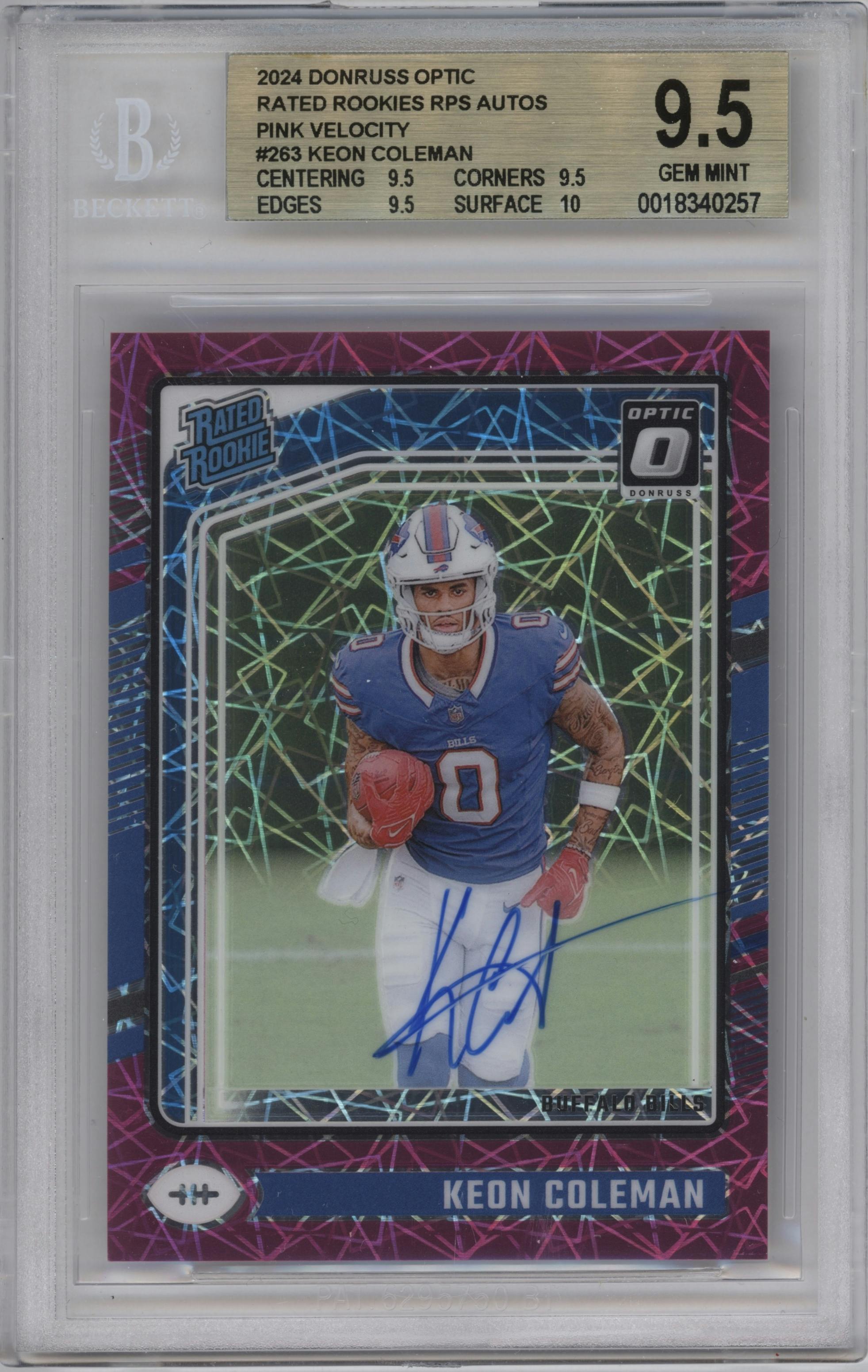 Keon Coleman from the 2024 Donruss Optic set featuring a Pink Velocity parallel graded by Beckett and given an overall grade of 9.5.