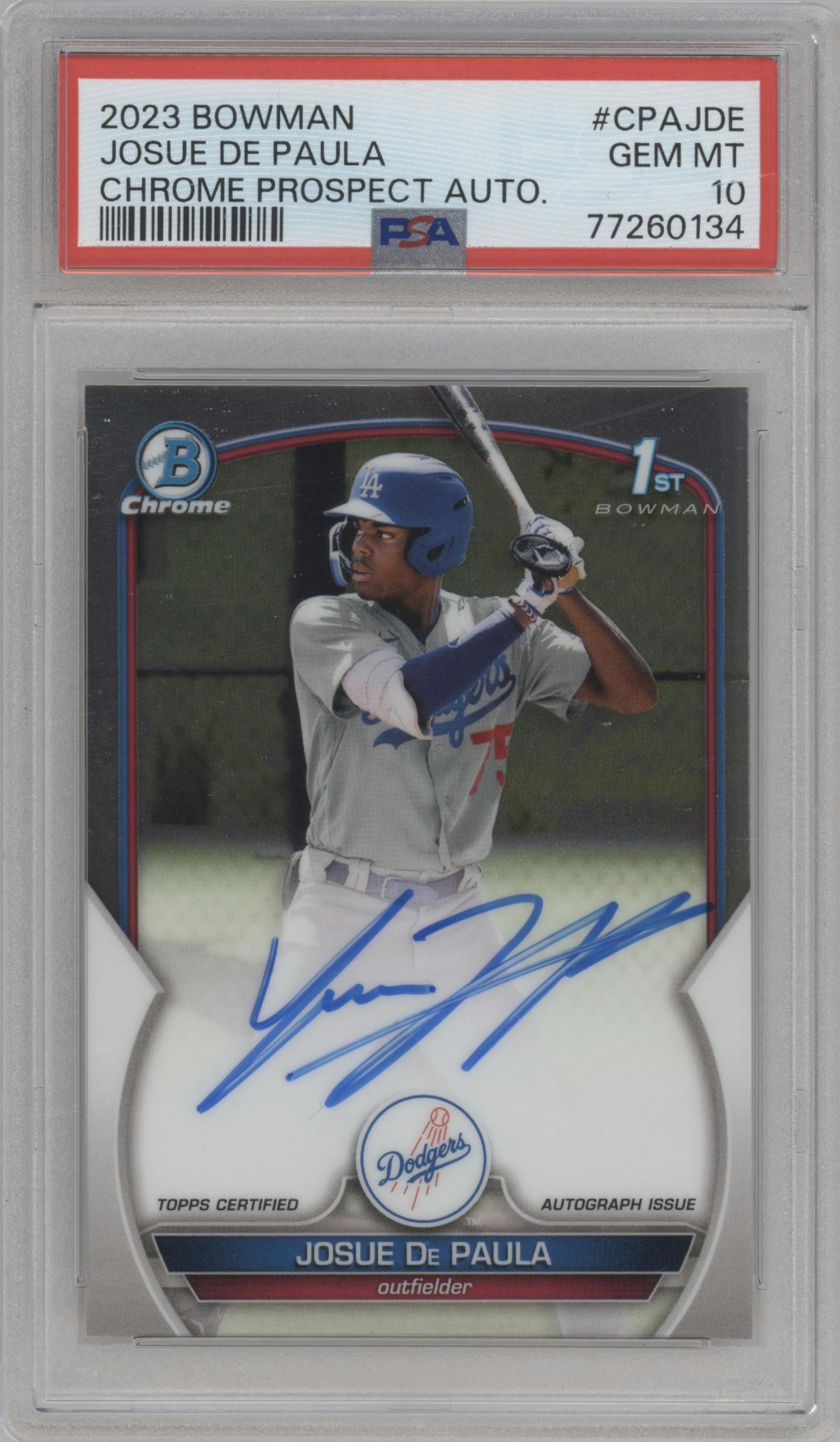 Josue De Paula from the 2023 Bowman  set graded by PSA and given an overall grade of 10.