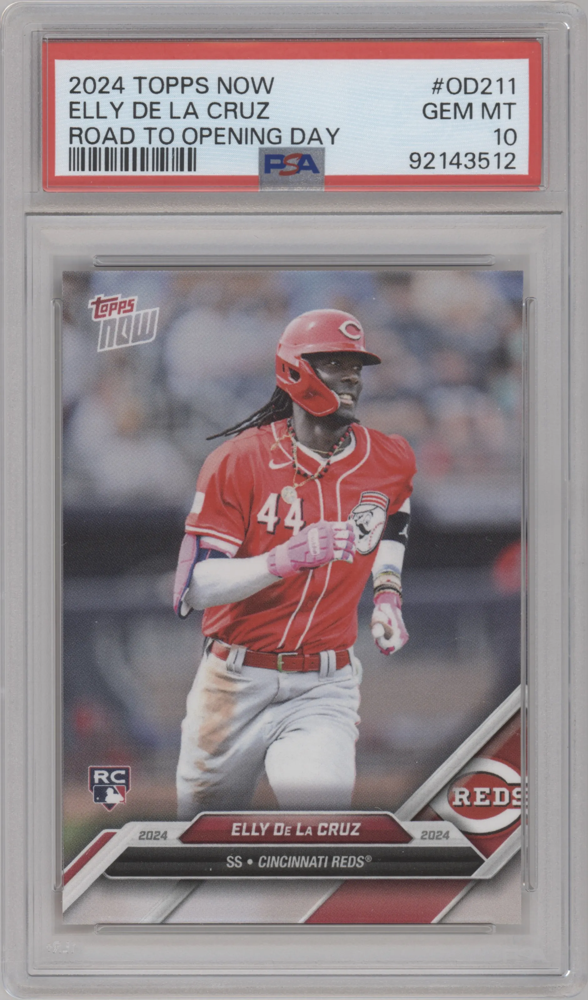 Elly De La Cruz from the 2024 Topps Now Road to Opening Day set graded by PSA and given an overall grade of 10.