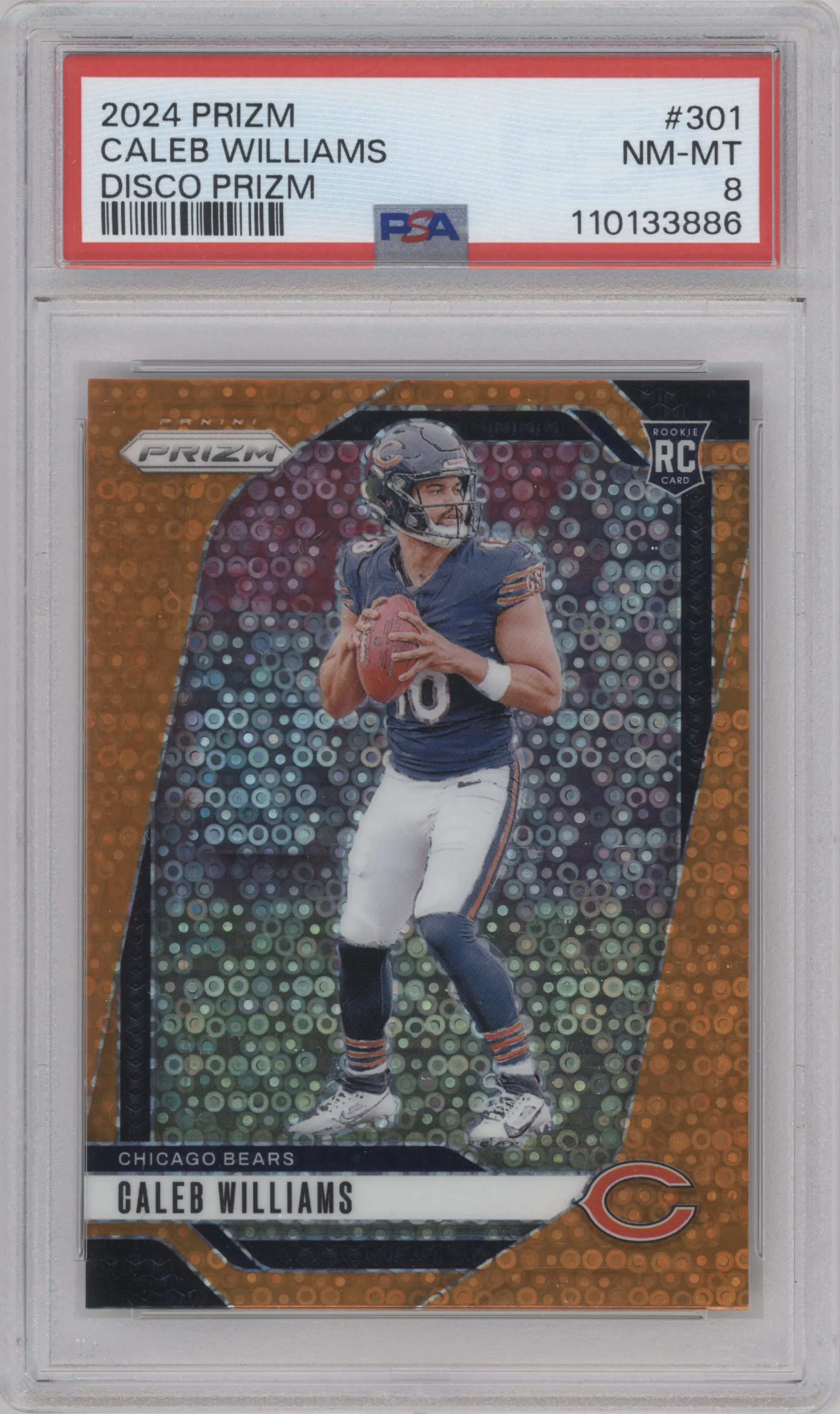 Caleb Williams from the 2024 Panini Prizm set featuring a Disco parallel graded by PSA and given an overall grade of 8.