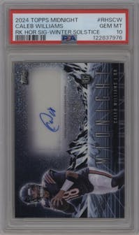 Caleb Williams from the 2024 Topps Midnight set featuring a Winter Solstice parallel graded by PSA and given an overall grade of 10.