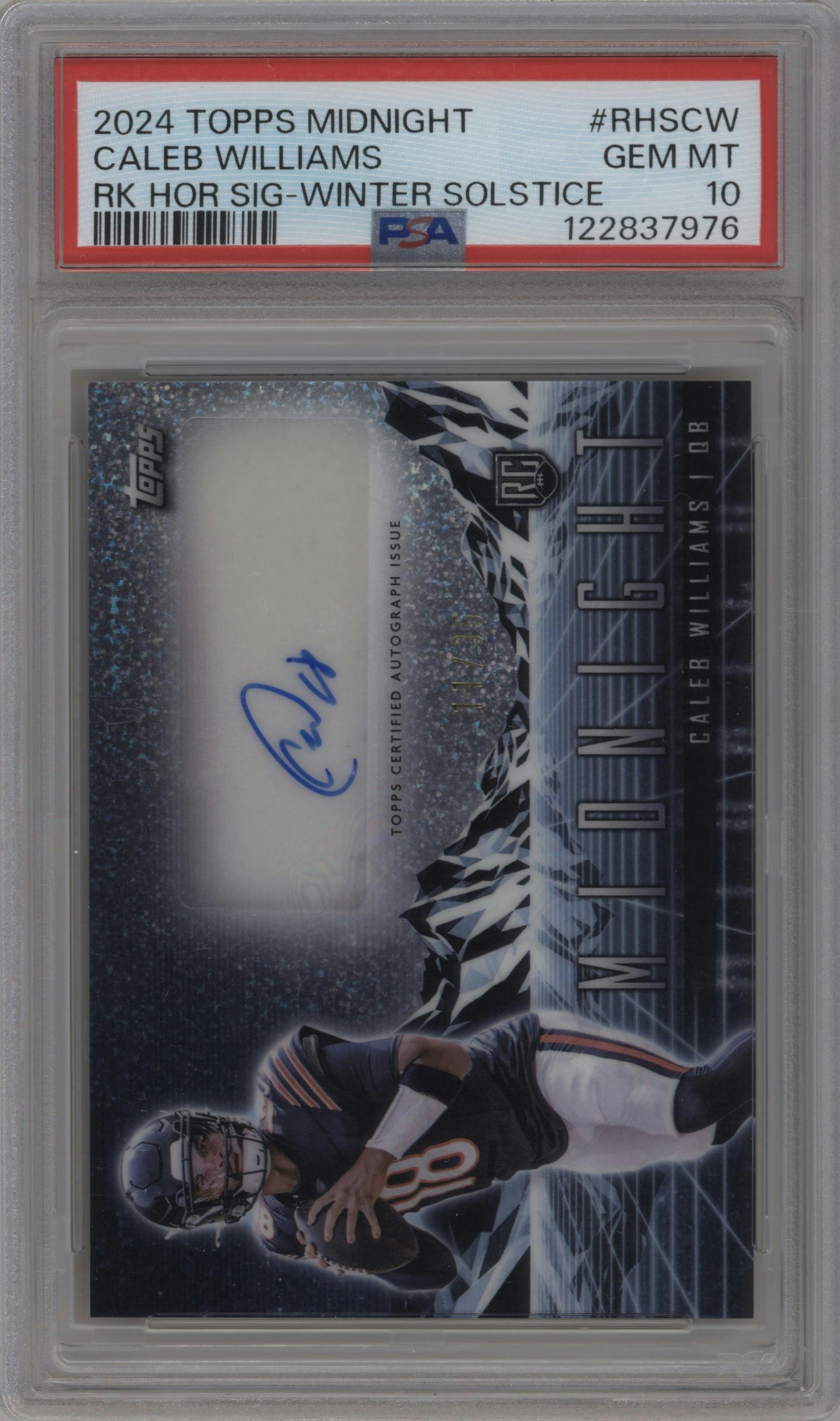 Caleb Williams from the 2024 Topps Midnight set featuring a Winter Solstice parallel graded by PSA and given an overall grade of 10.