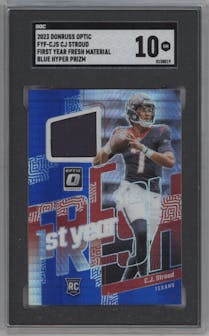 C.J. Stroud from the 2023 Donruss Optic set featuring a Blue Hyper parallel graded by SGC and given an overall grade of 10.