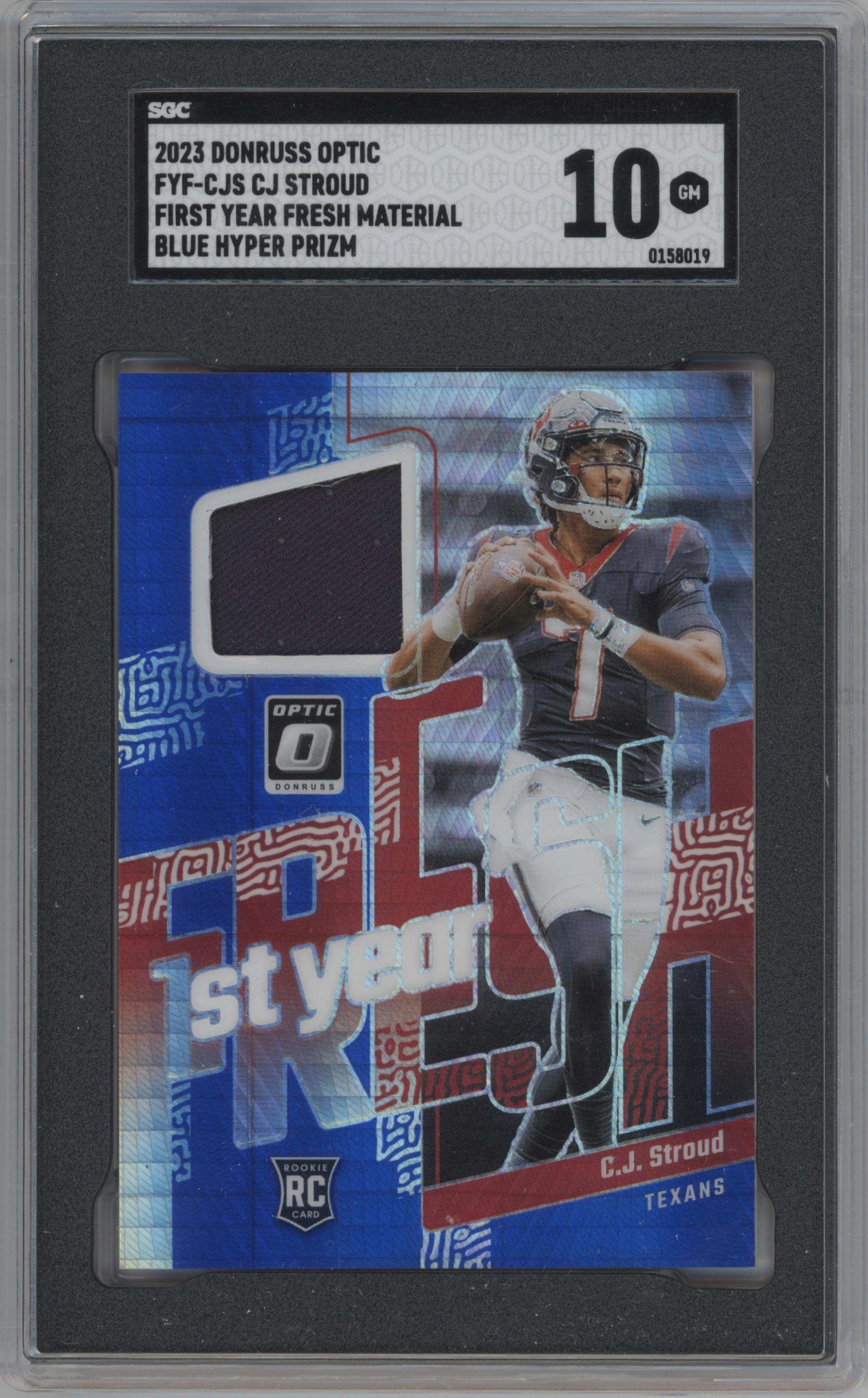 C.J. Stroud from the 2023 Donruss Optic set featuring a Blue Hyper parallel graded by SGC and given an overall grade of 10.