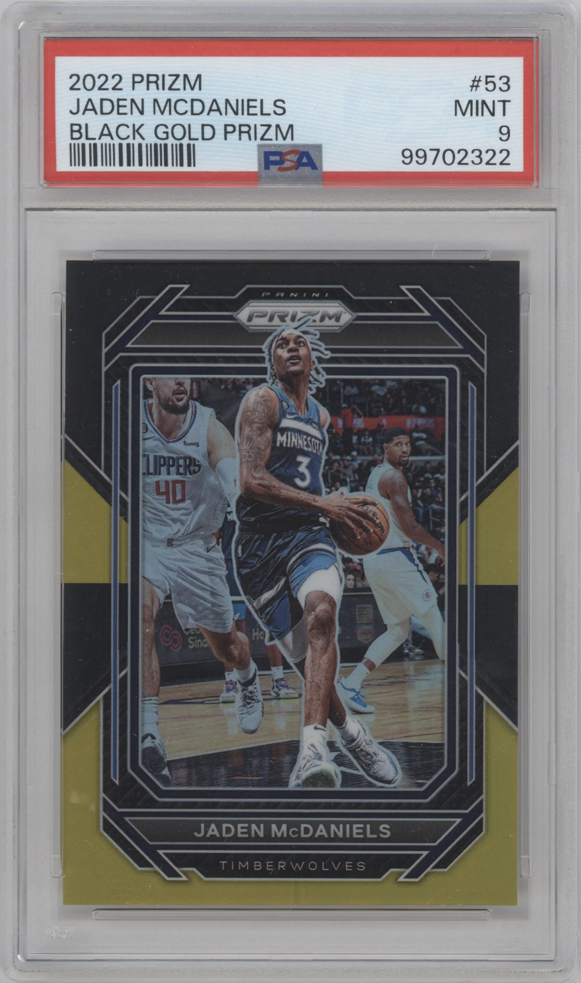 Jaden McDaniels from the 2022-23 Panini Prizm  set featuring a Black Gold parallel graded by PSA and given an overall grade of 9.