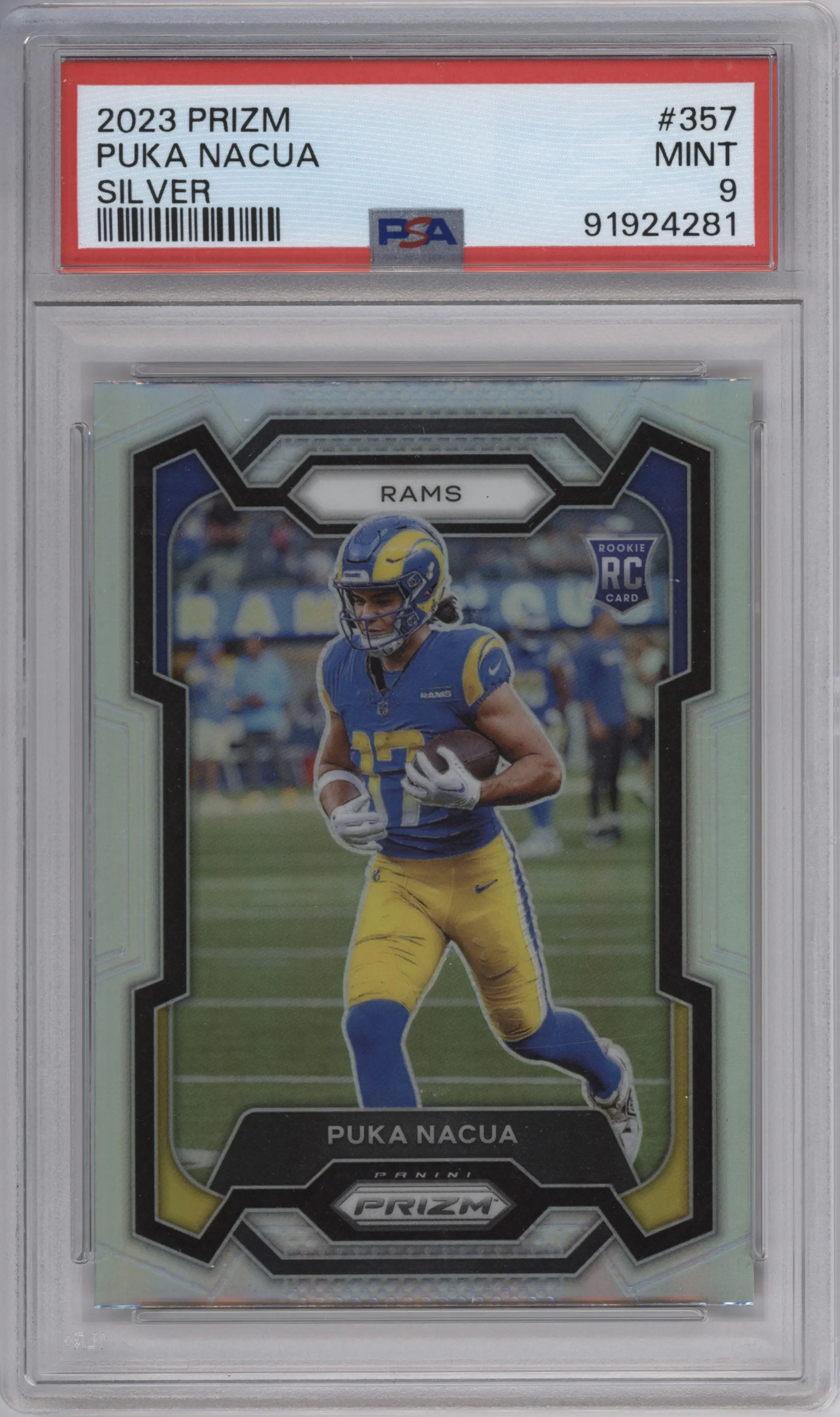 Puka Nacua from the 2023 Panini Prizm set featuring a Silver Prizm parallel graded by PSA and given an overall grade of 9.