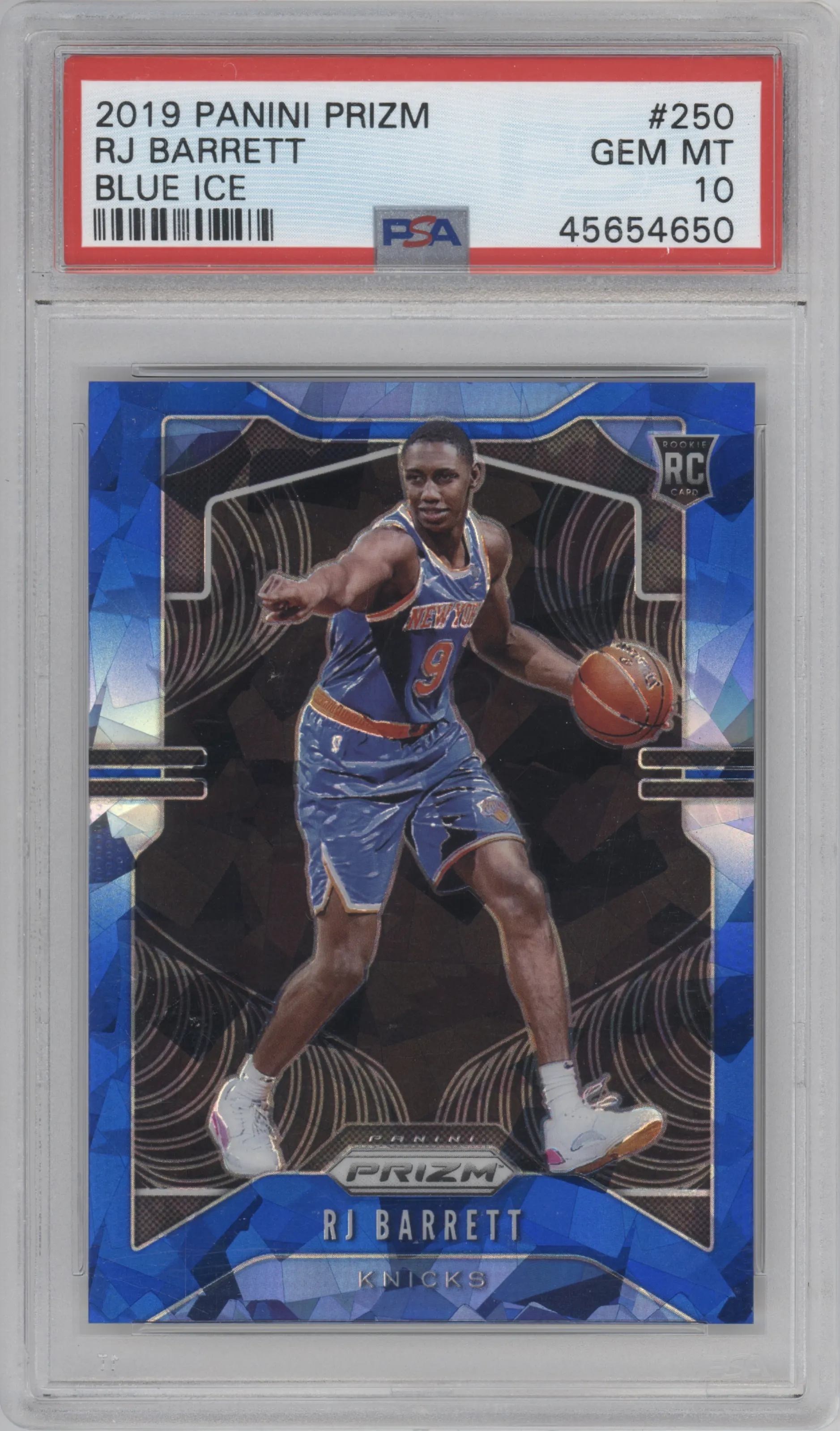 RJ Barrett from the 2019-20 Panini Prizm set featuring a Blue Ice parallel graded by PSA and given an overall grade of 10.