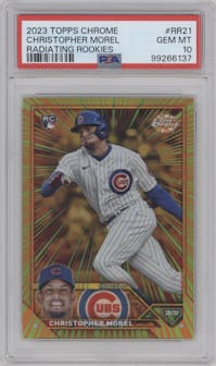 Christopher Morel from the 2023 Topps Chrome Update set graded by PSA and given an overall grade of 10.