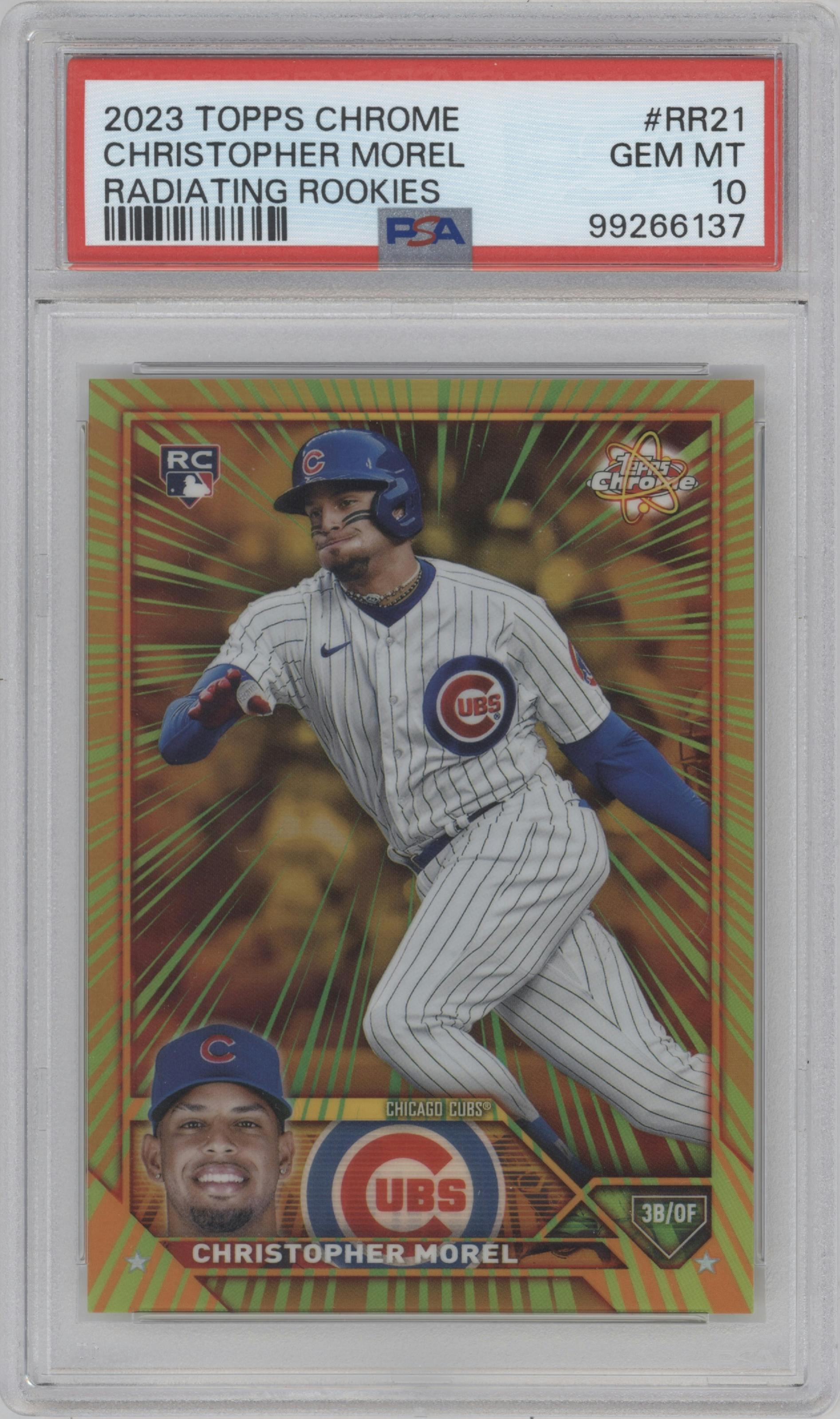 Christopher Morel from the 2023 Topps Chrome Update set graded by PSA and given an overall grade of 10.