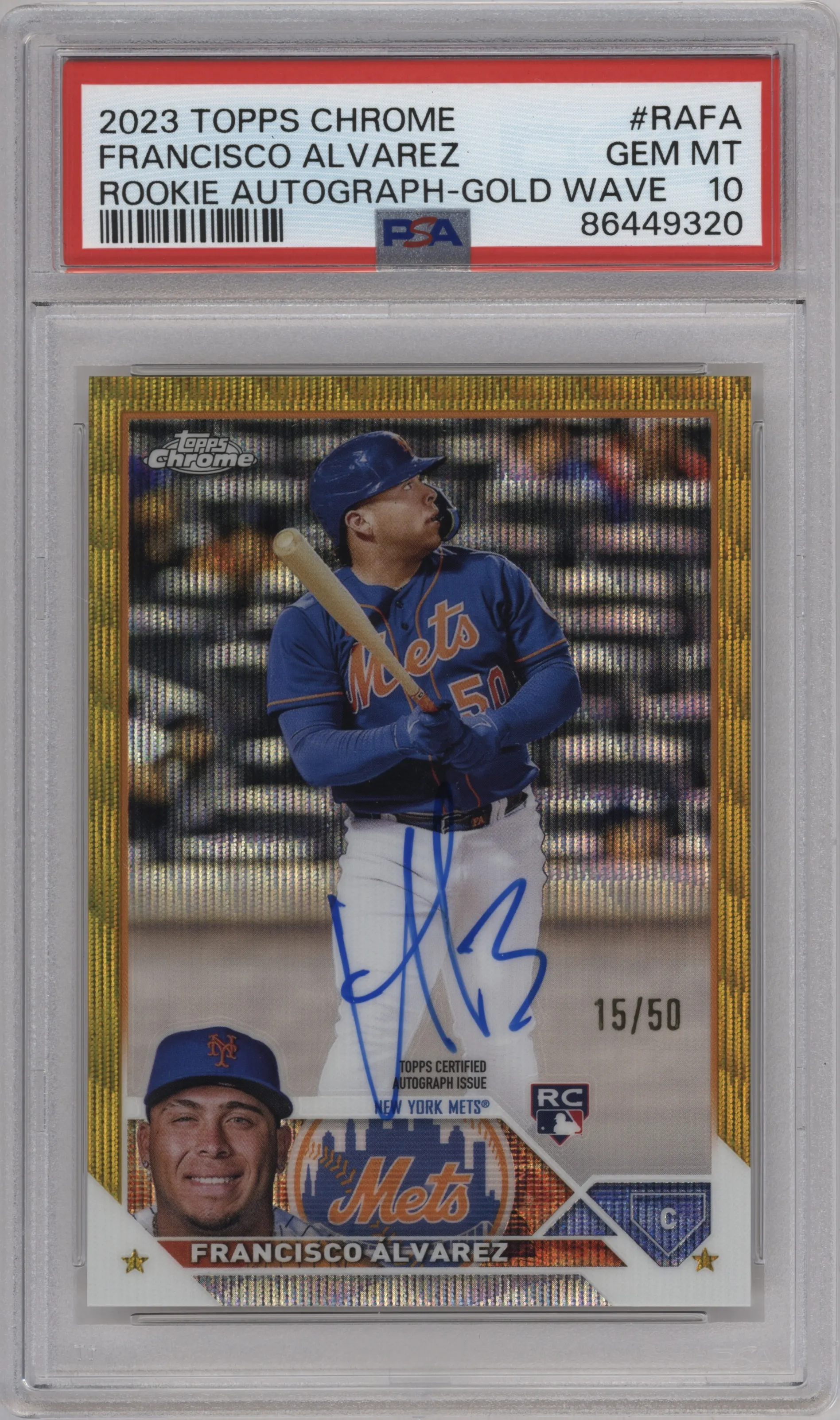 Francisco Alvarez from the 2023 Topps Chrome set featuring a Gold Wave Refractor parallel graded by PSA and given an overall grade of 10.