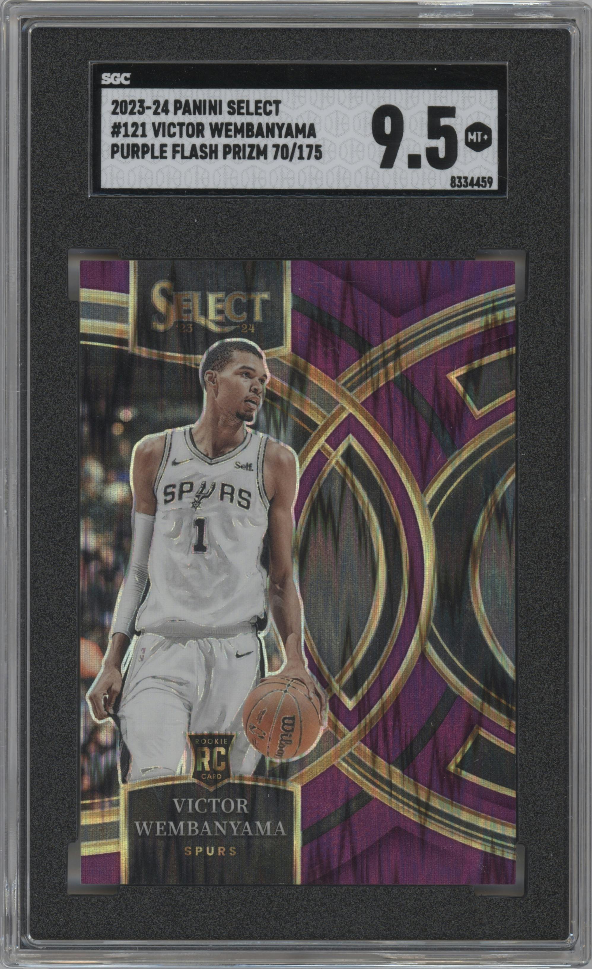 Victor Wembanyama from the 2023-24 Panini Select  set featuring a Purple Flash Prizms parallel graded by SGC and given an overall grade of 9.5.