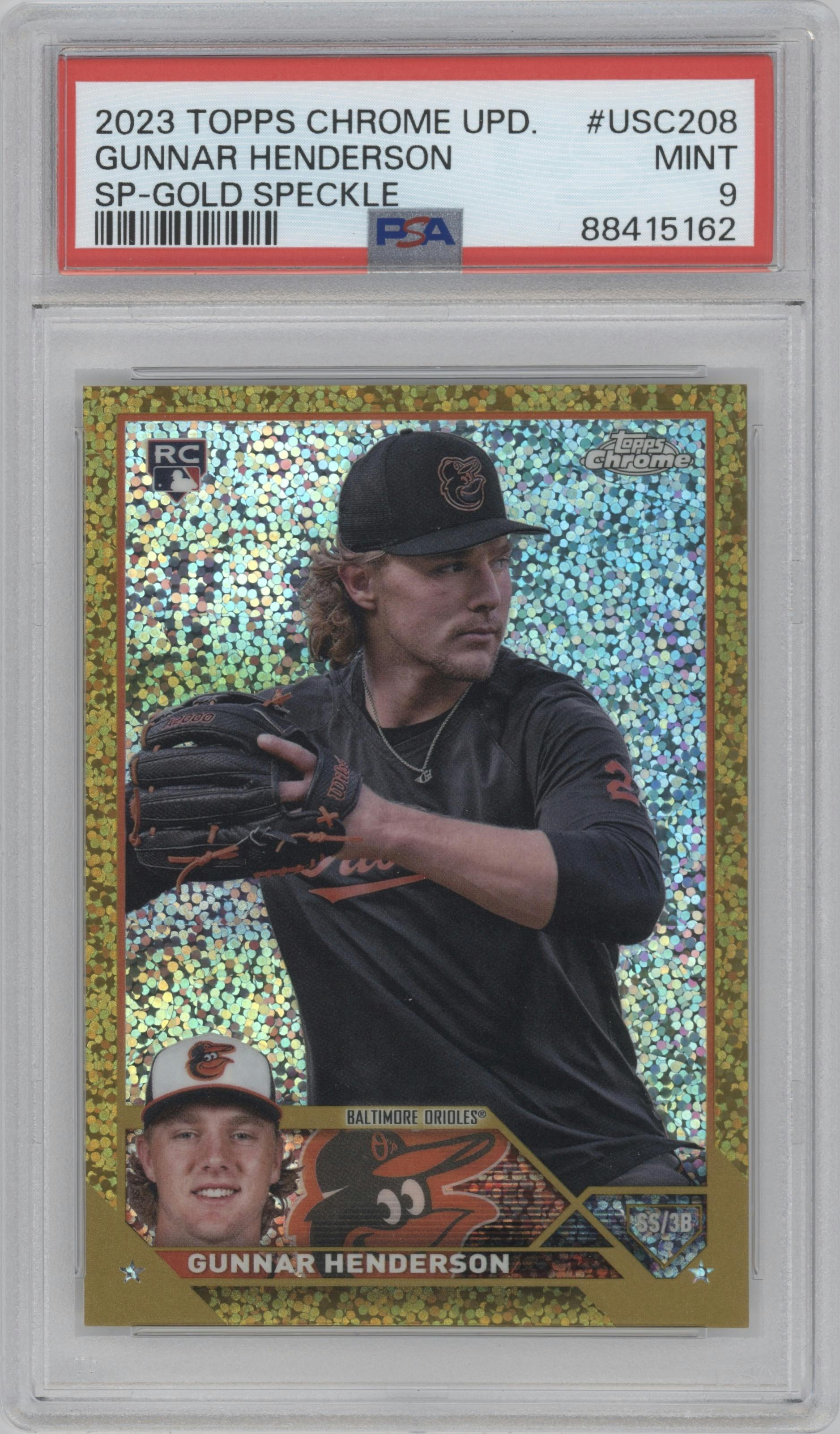 Gunnar Henderson from the 2023 Topps Chrome Update set featuring a Gold Speckle Refractor parallel graded by PSA and given an overall grade of 9.