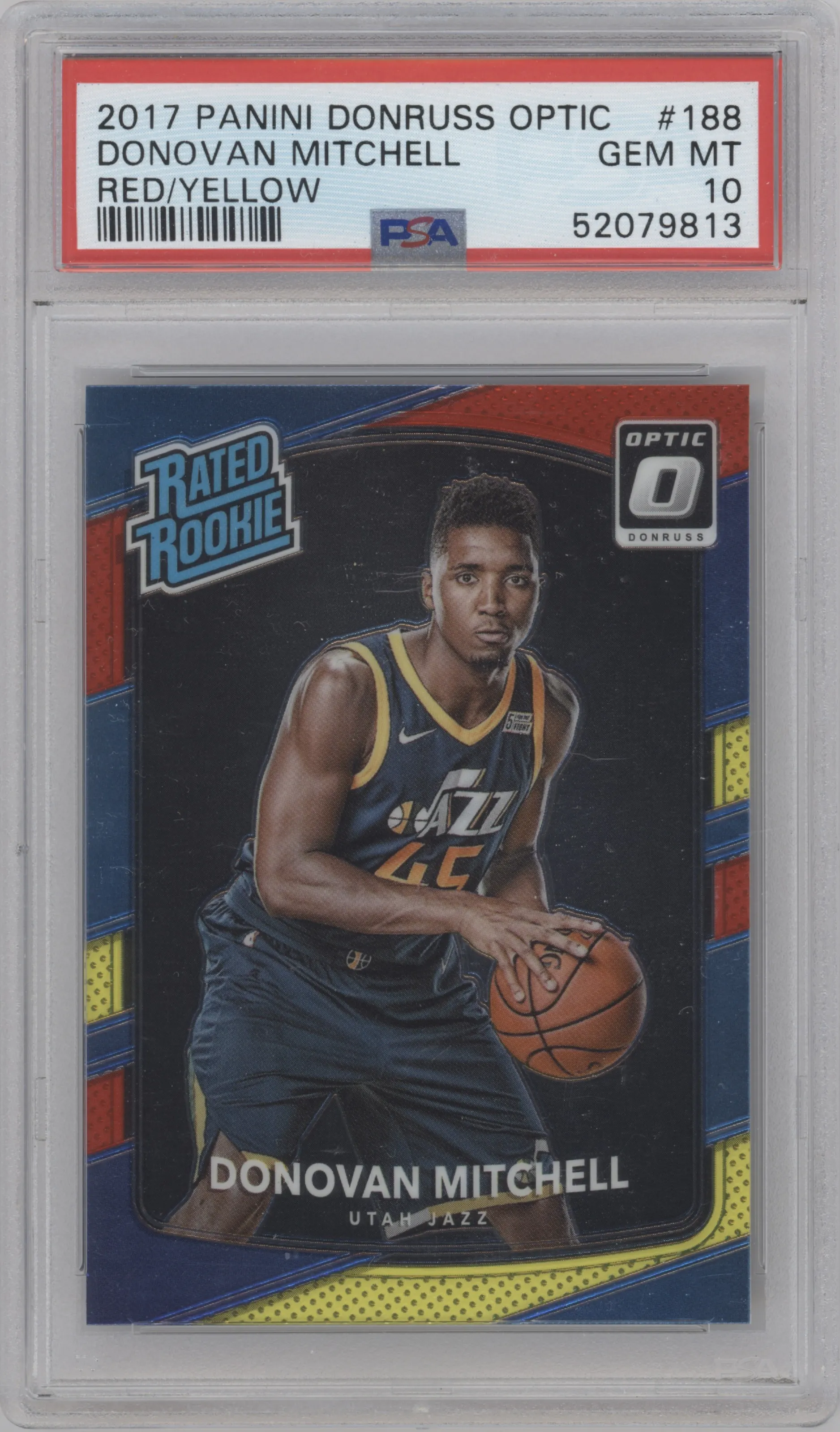 Donovan Mitchell from the 2017-18 Panini Donruss Optic set featuring a Red/Yellow  parallel graded by PSA and given an overall grade of 10.