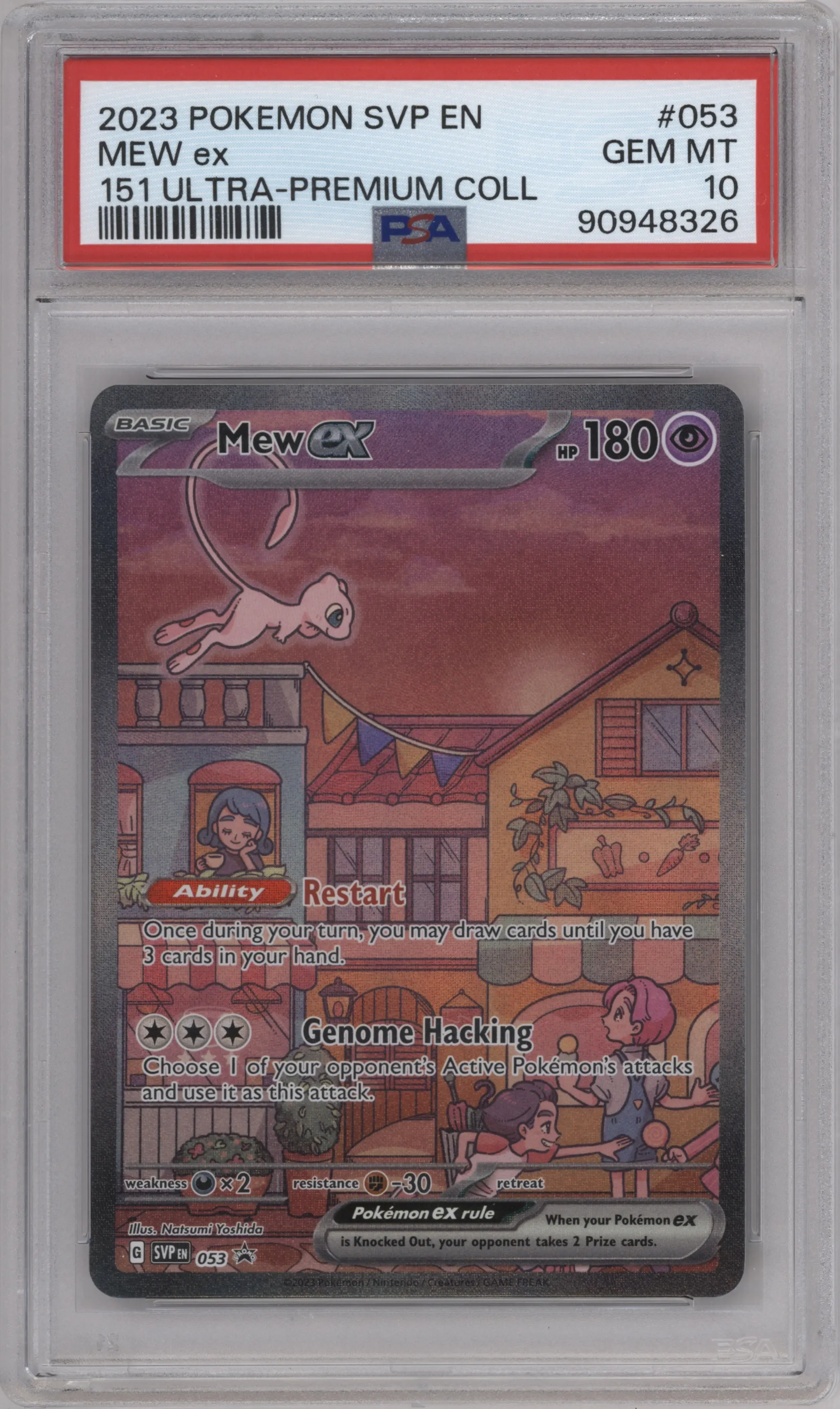 Mew ex from the 2023 Pokemon SV set featuring a Scarlet & Violet 151 Ultra Premium Collection parallel graded by PSA and given an overall grade of 10.