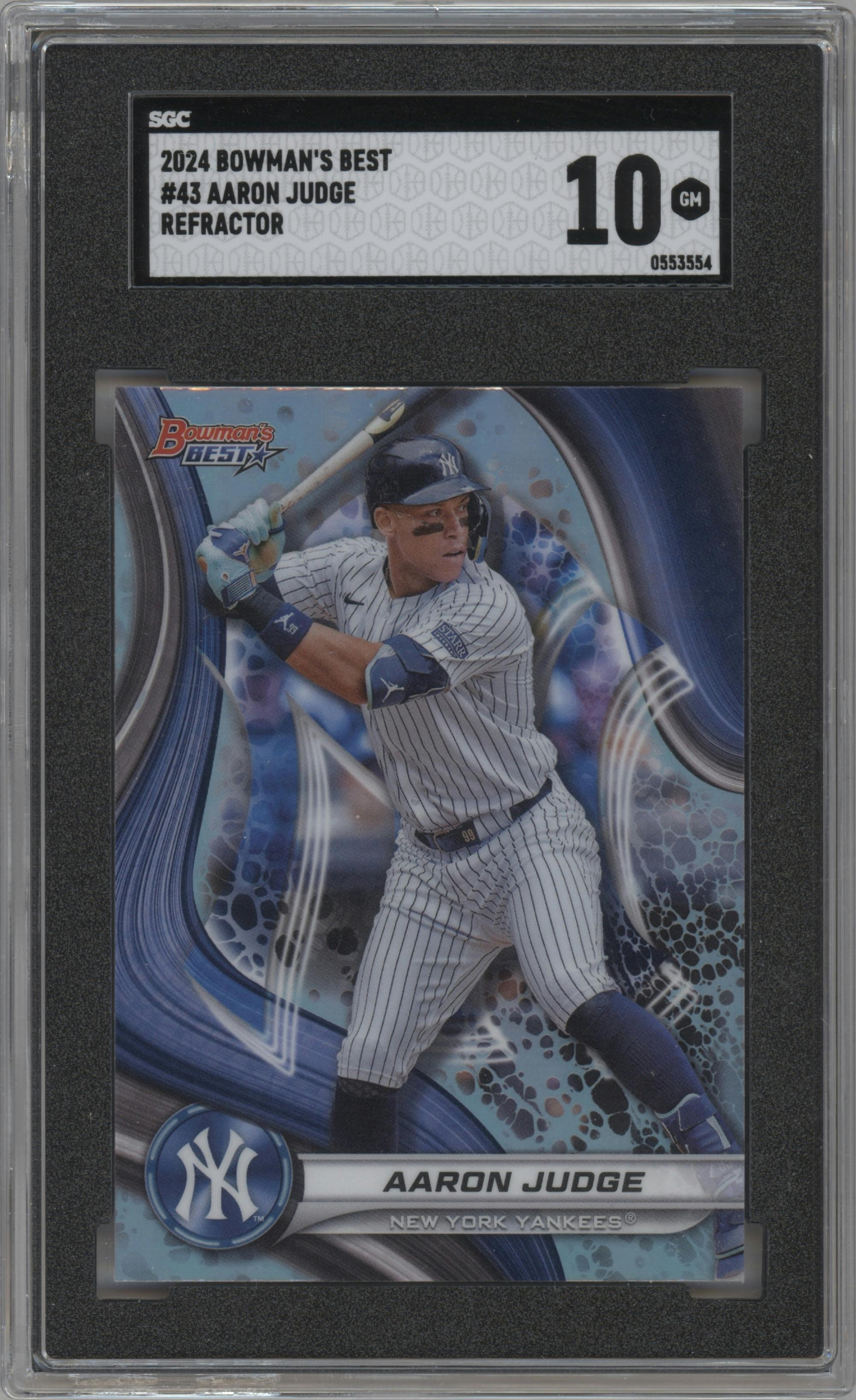 Aaron Judge from the 2024 Bowman's Best set featuring a Refractor parallel graded by SGC and given an overall grade of 10.