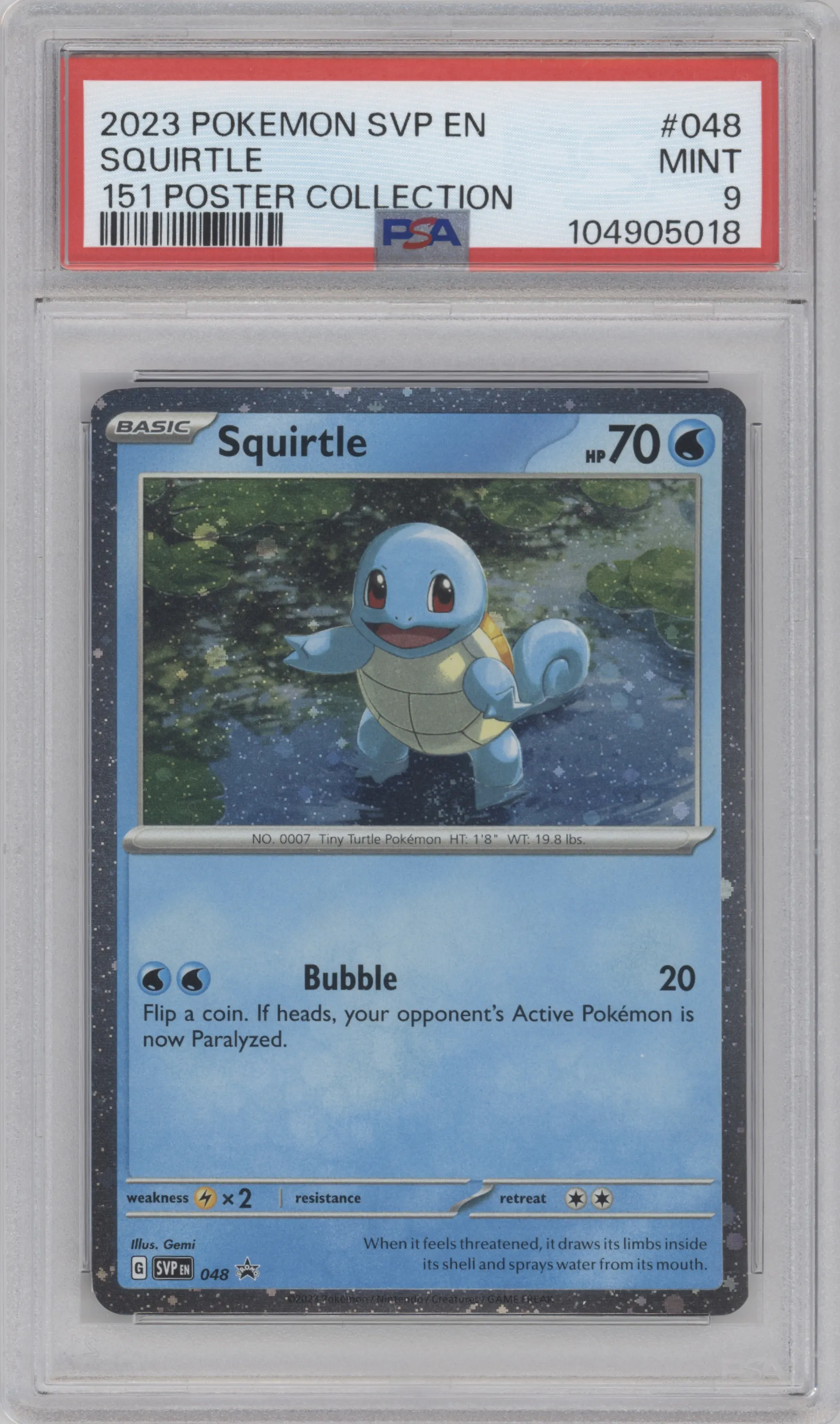 Squirtle from the 2023 Pokemon SV set featuring a Scarlet & Violet 151 Poster Collection parallel graded by PSA and given an overall grade of 9.