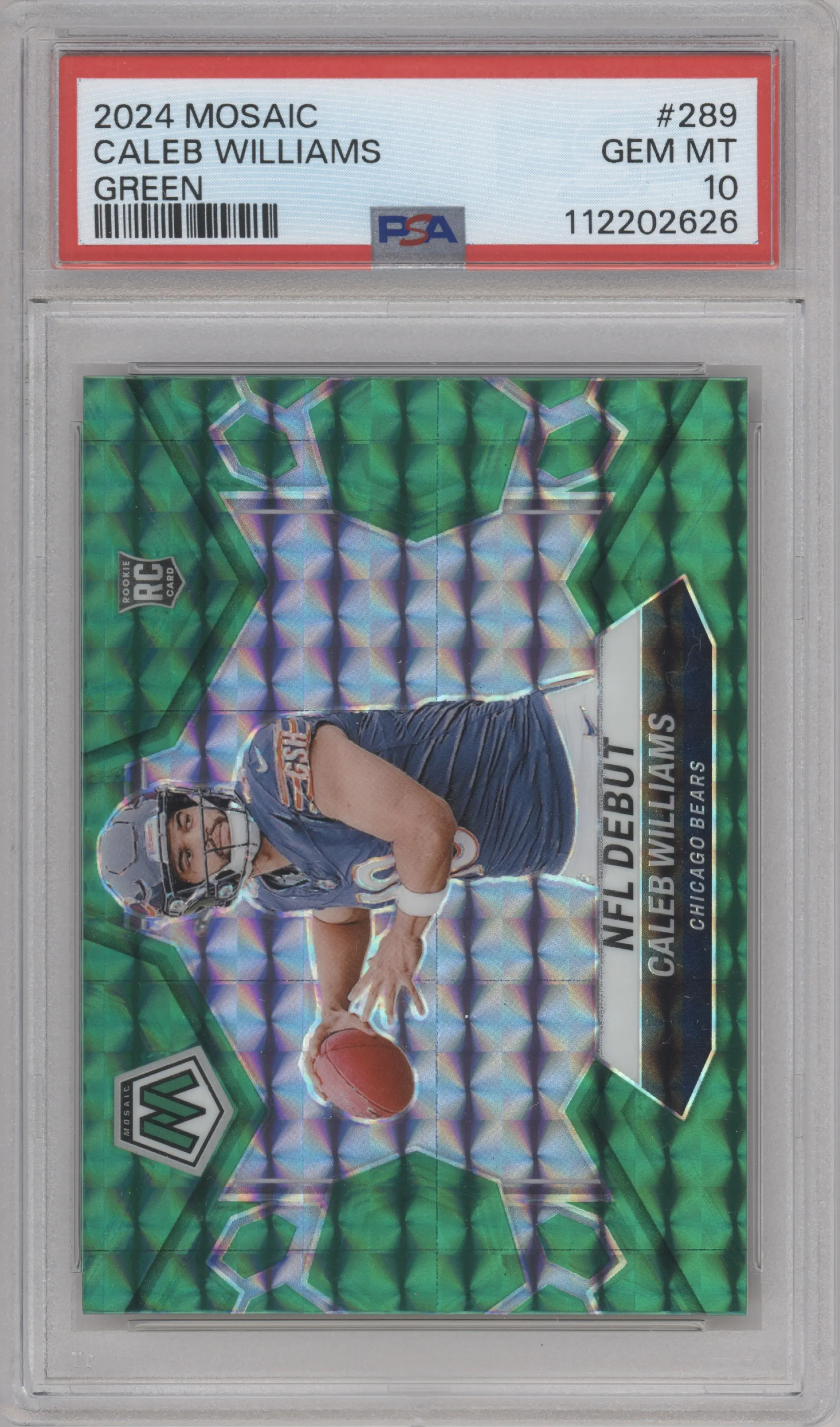Caleb Williams from the 2024 Panini Mosaic set featuring a Green Mosaic parallel graded by PSA and given an overall grade of 10.