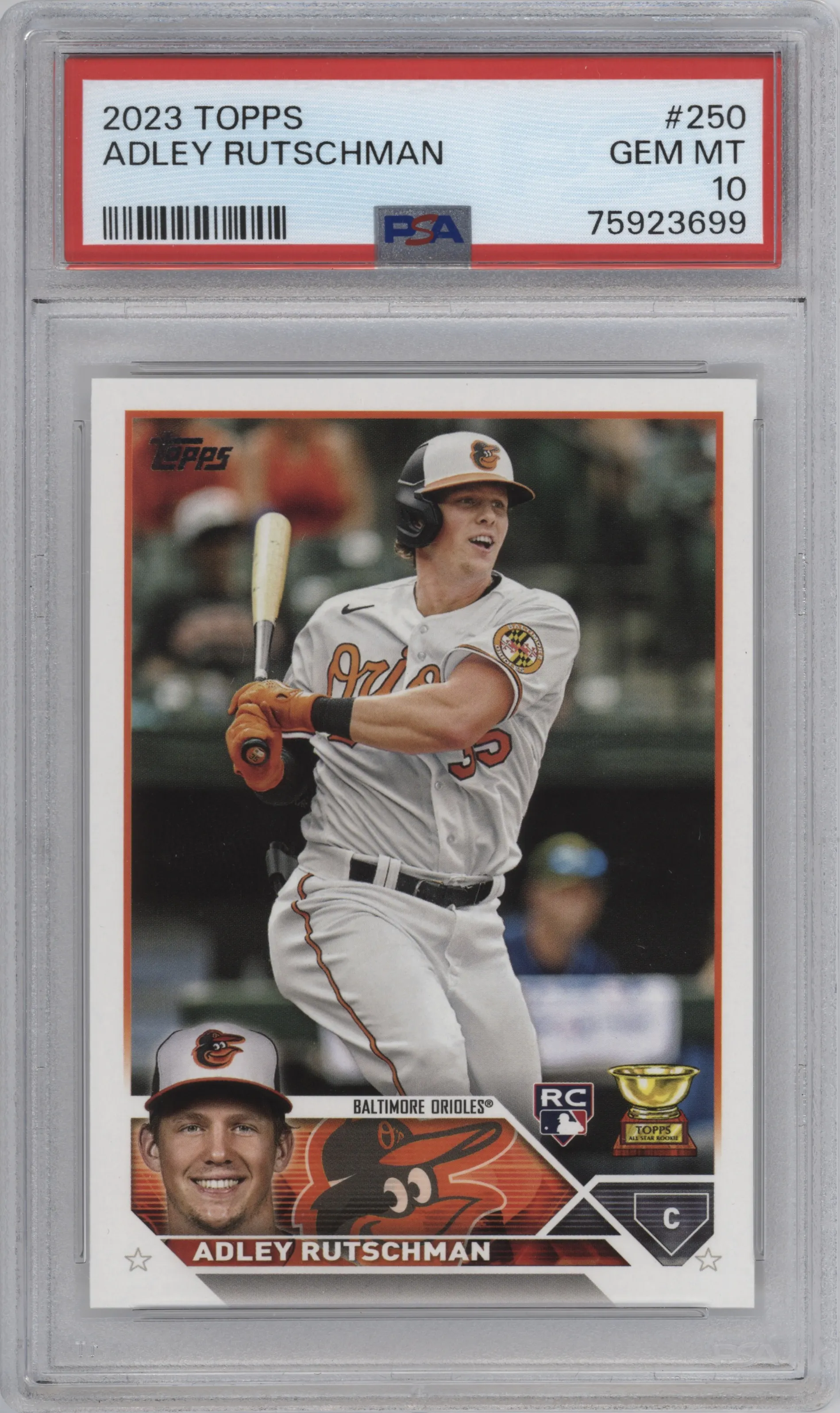 Adley Rutschman  from the 2023 Topps set graded by PSA and given an overall grade of 10.