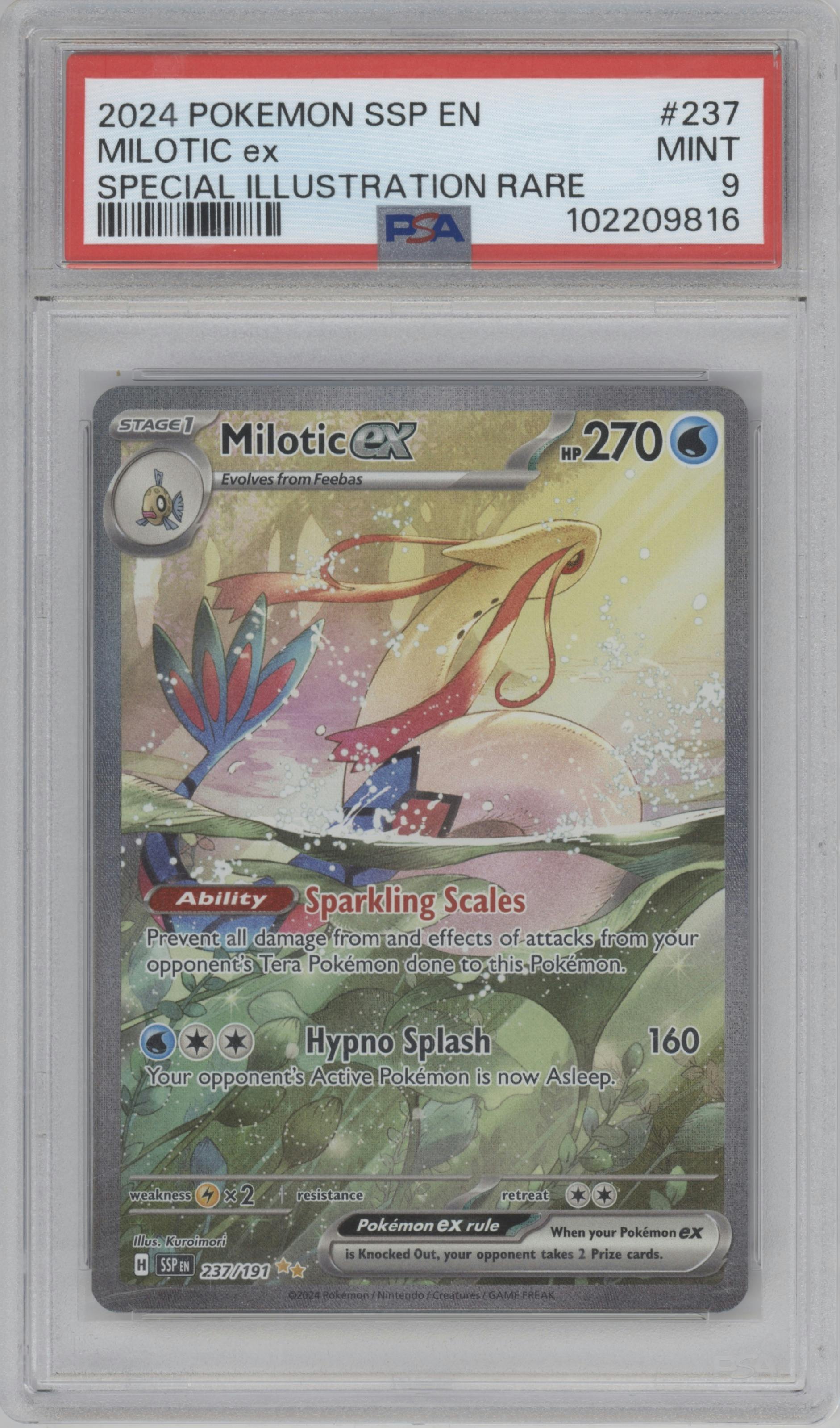 Milotic ex from the 2024 Pokemon SV set graded by PSA and given an overall grade of 9.