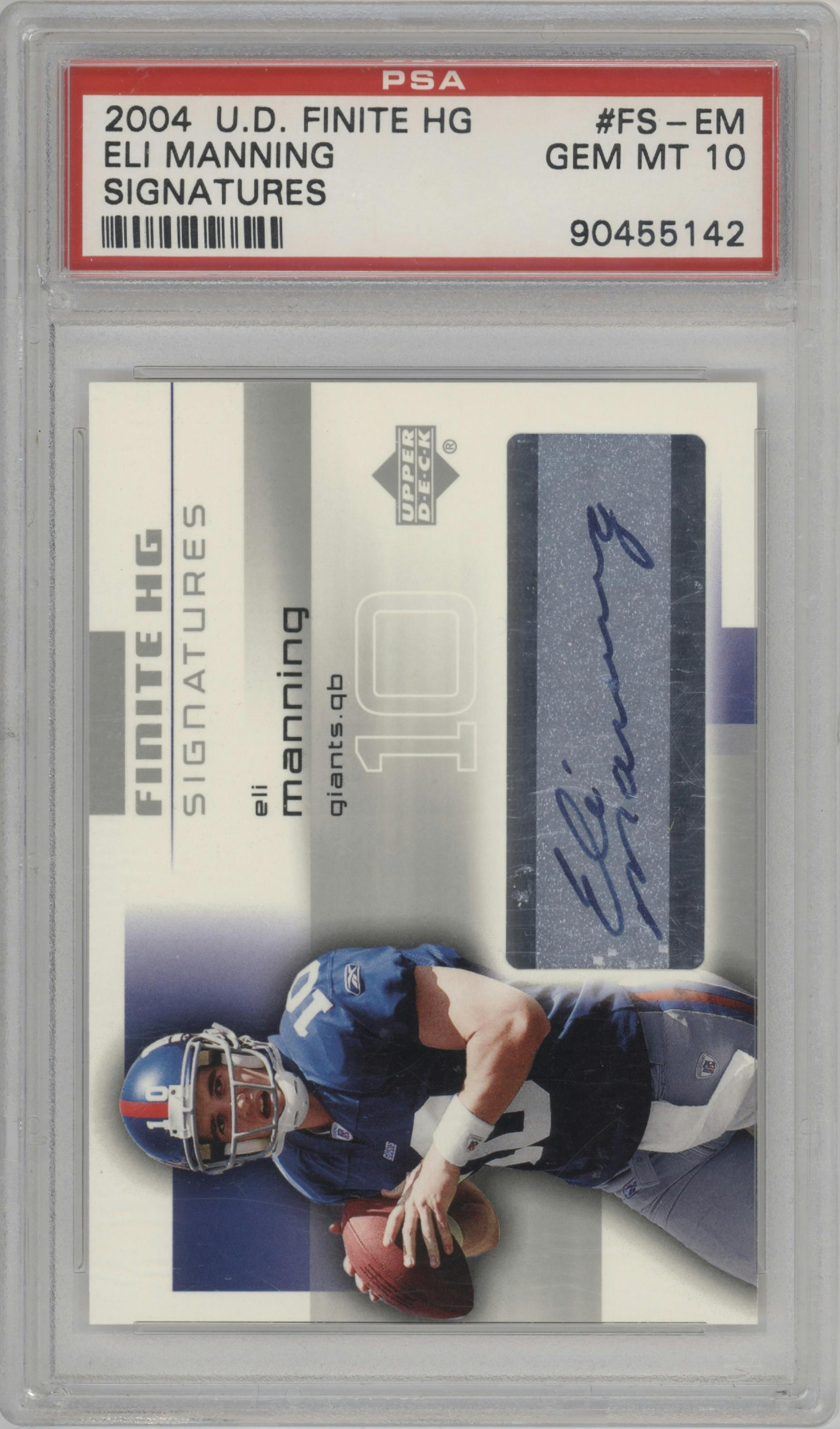 Eli Manning from the 2004 Upper Deck Finite set graded by PSA and given an overall grade of 10.