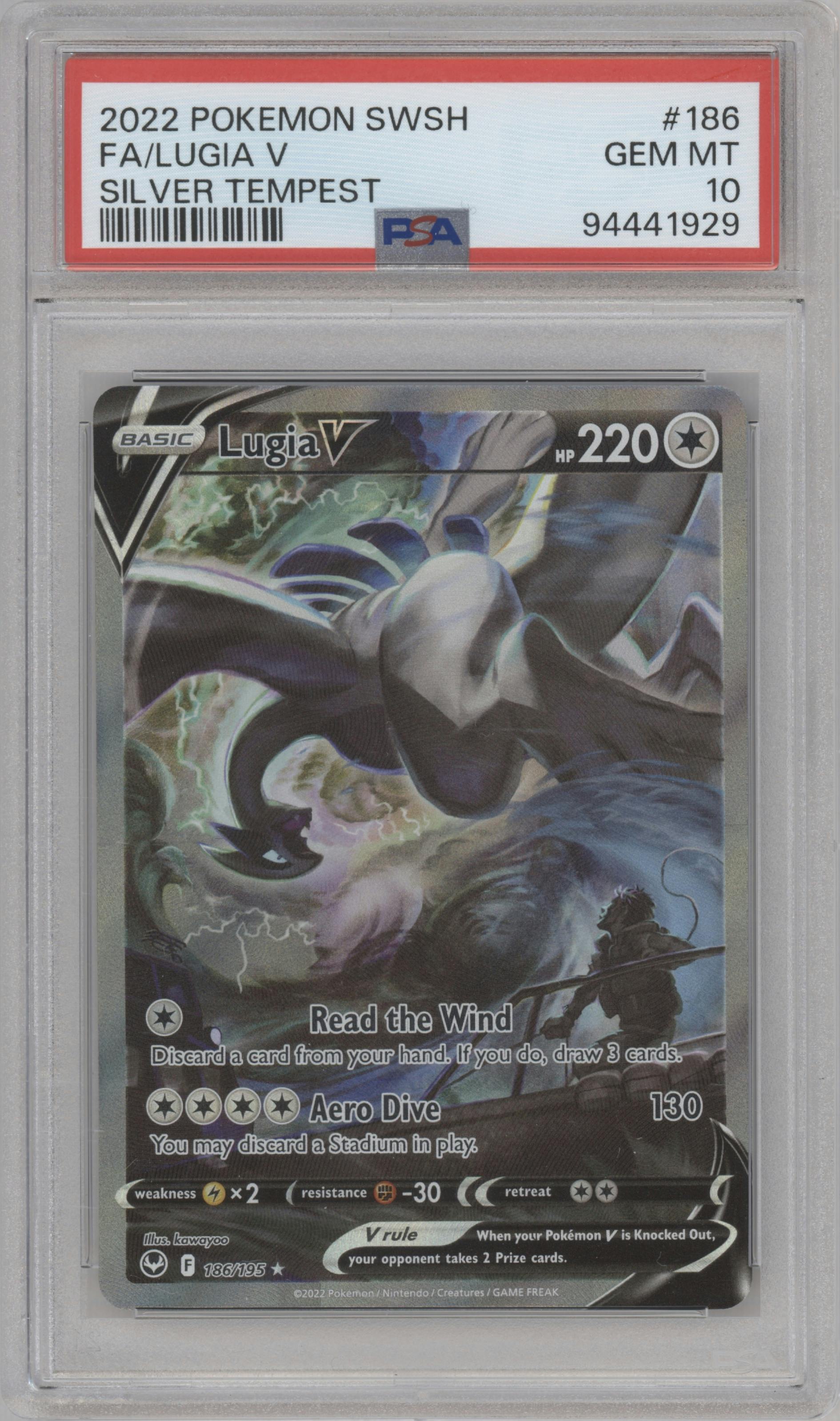 Lugia V from the 2022 Pokemon SWSH set graded by PSA and given an overall grade of 10.