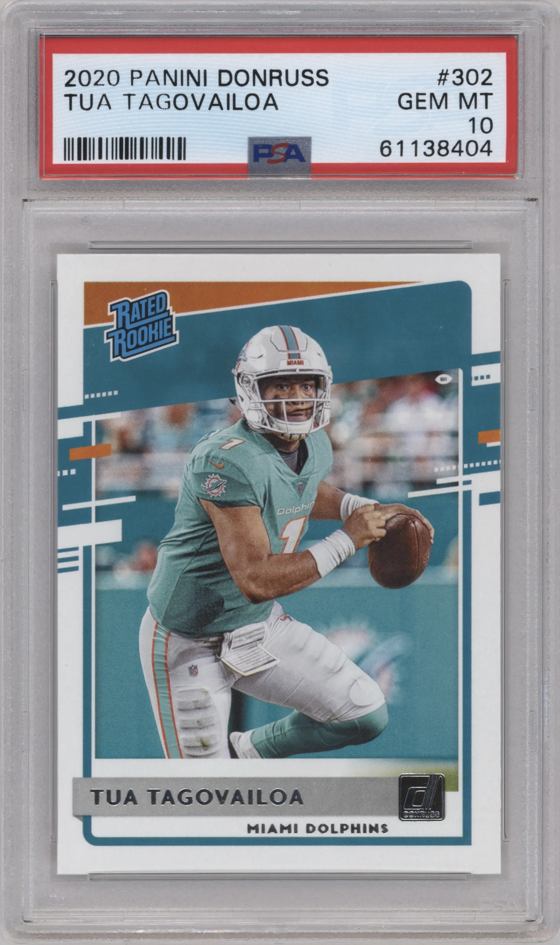 Tua Tagovailoa from the 2020 Panini Donruss set graded by PSA and given an overall grade of 10.