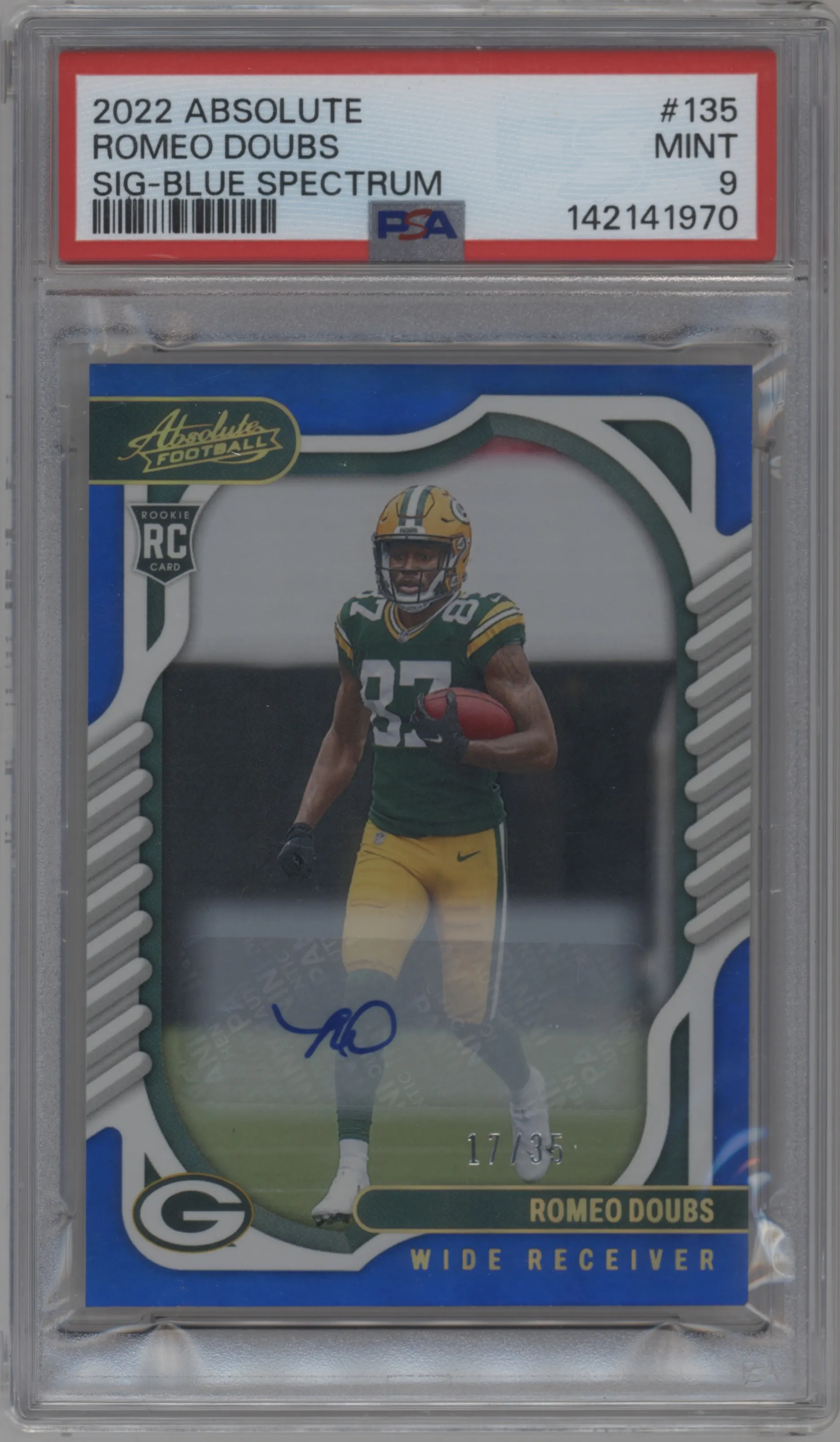 2022 Panini Absolute Rke.Sig. Romeo Doubs Blue Spectrum PSA 9