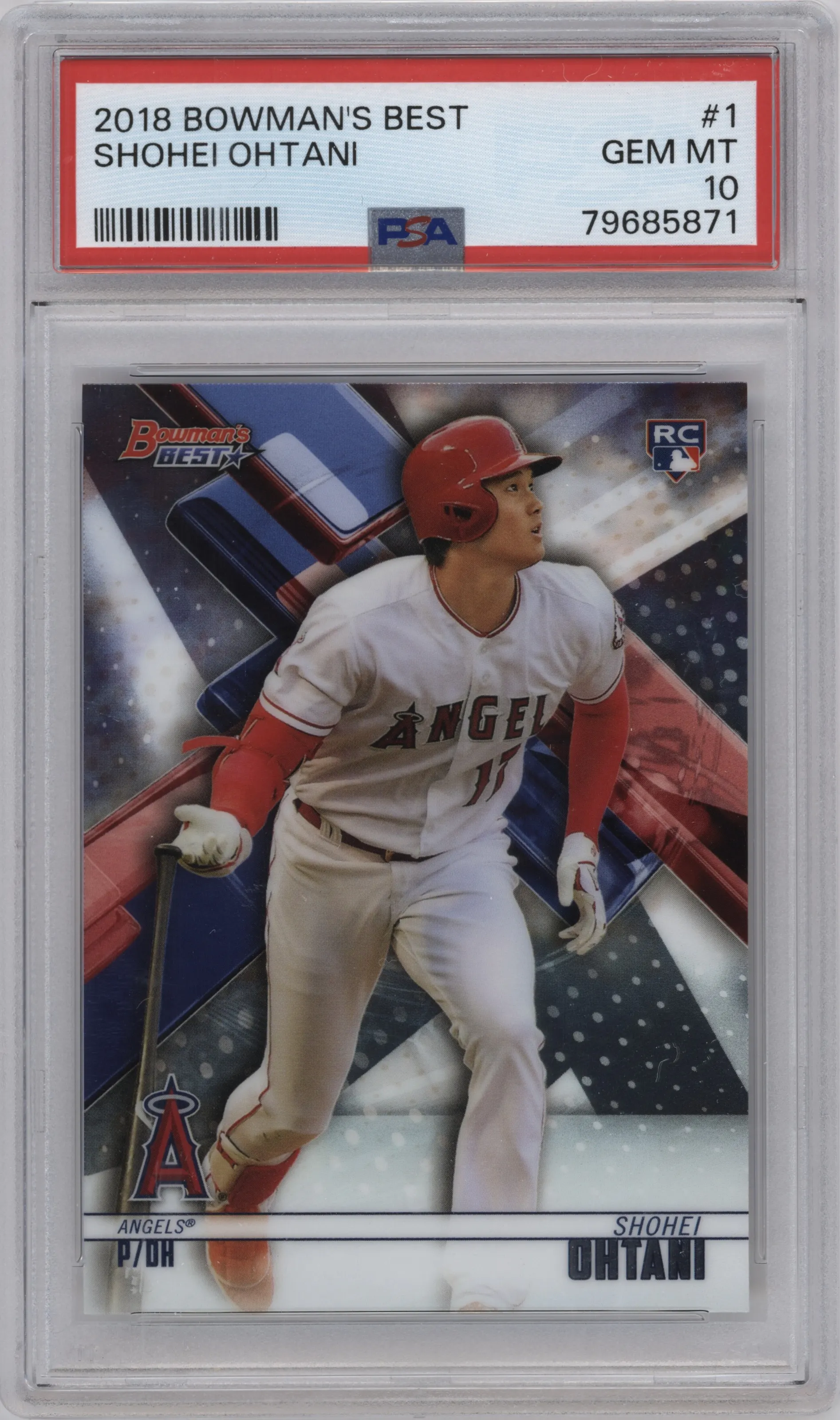 Shohei Ohtani from the 2018 Bowman’s Best set graded by PSA and given an overall grade of 10.