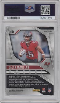 Jalen McMillan from the 2024 Panini Prizm set featuring a No Huddle parallel graded by PSA and given an overall grade of 10.