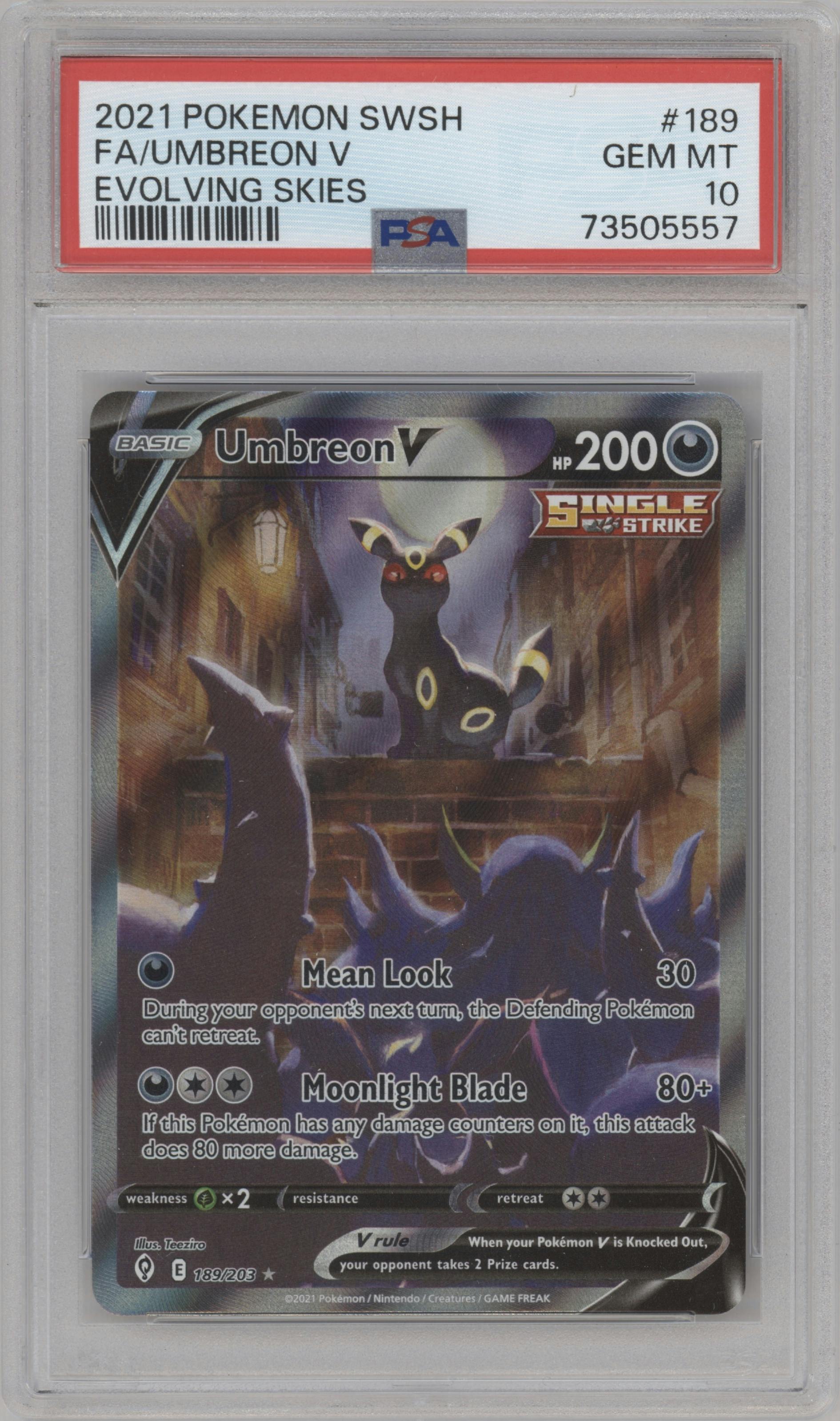 Umbreon V from the 2021 Pokemon SWSH set graded by PSA and given an overall grade of 10.