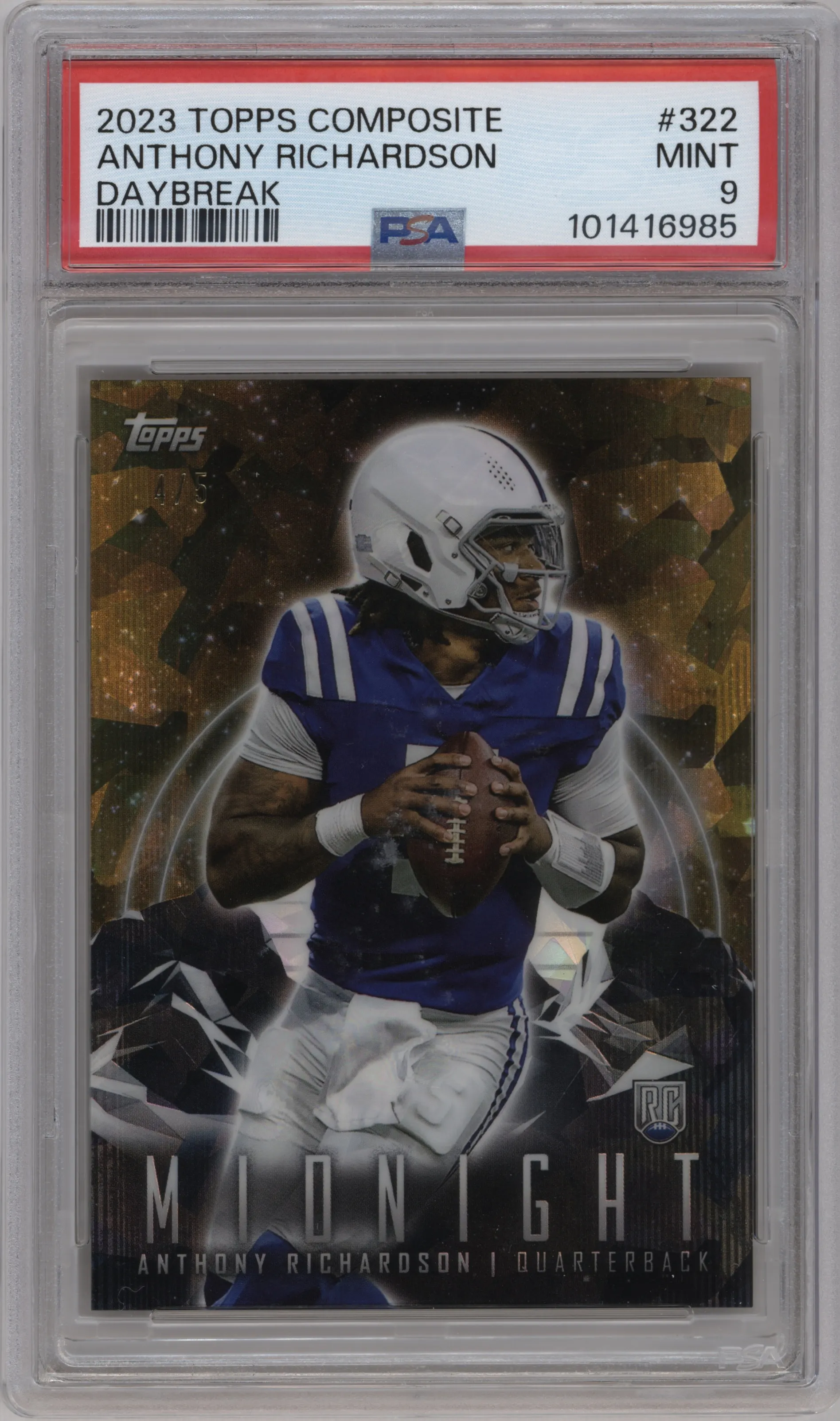 Anthony Richardson from the 2023 Topps Composite set featuring a Daybreak parallel graded by PSA and given an overall grade of 9.