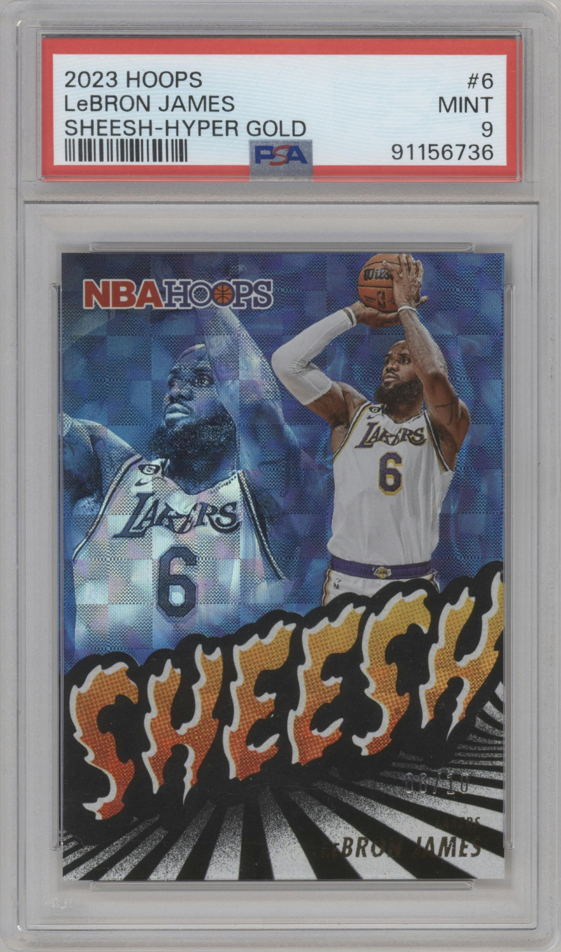 LeBron James from the 2023-24 Panini NBA Hoops set featuring a Hyper Gold parallel graded by PSA and given an overall grade of 9.