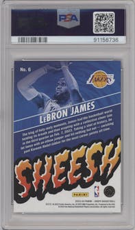 LeBron James from the 2023-24 Panini NBA Hoops set featuring a Hyper Gold parallel graded by PSA and given an overall grade of 9.