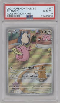 Chansey from the 2024 Pokemon SV set graded by PSA and given an overall grade of 10.