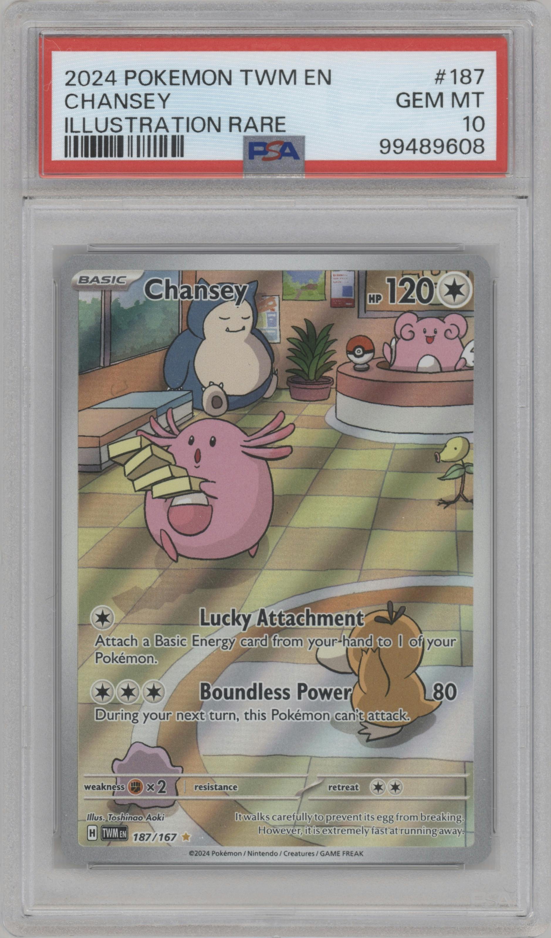 Chansey from the 2024 Pokemon SV set graded by PSA and given an overall grade of 10.