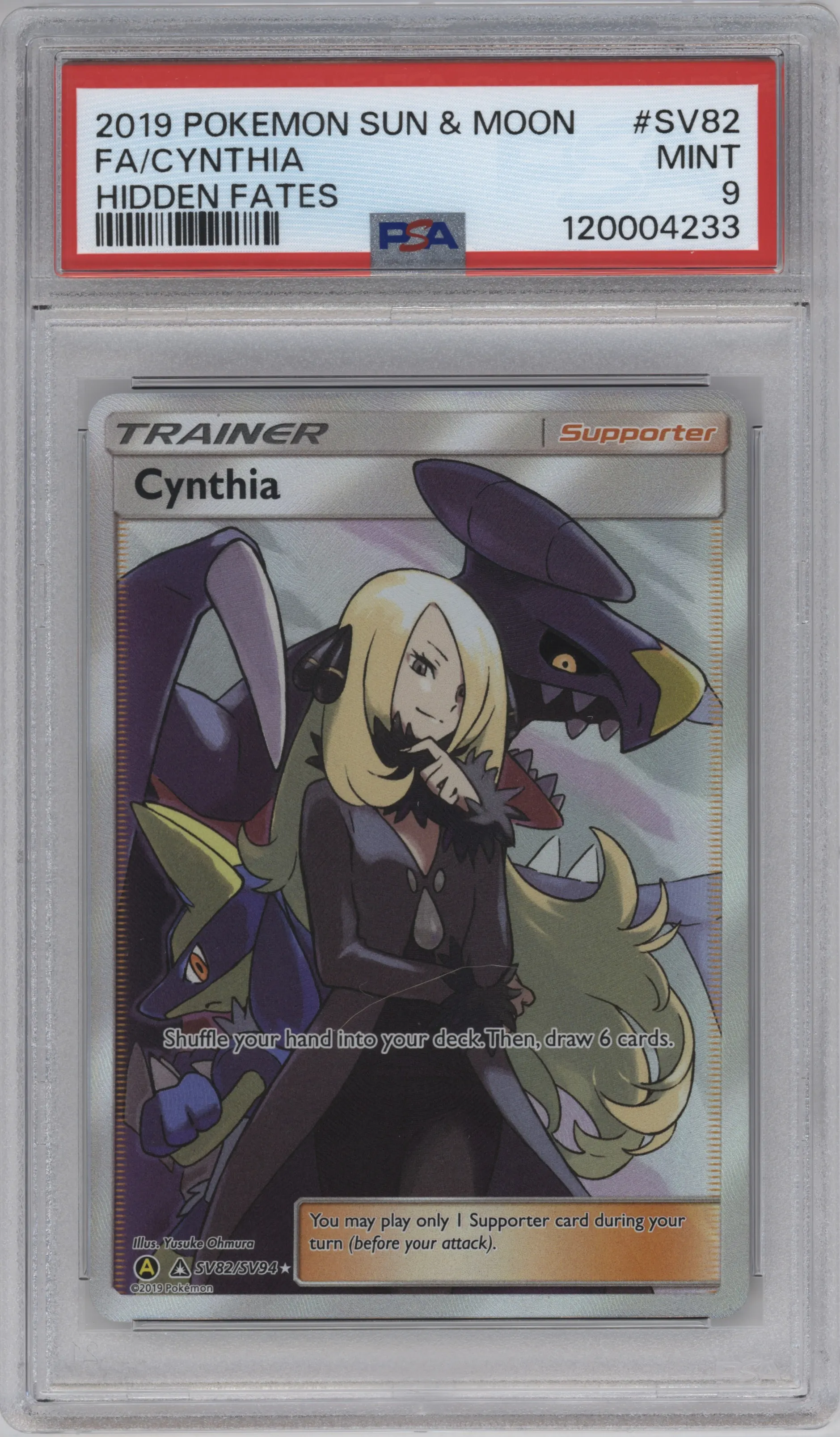 Cynthia from the 2019 Pokemon S&M  set graded by PSA and given an overall grade of 9.