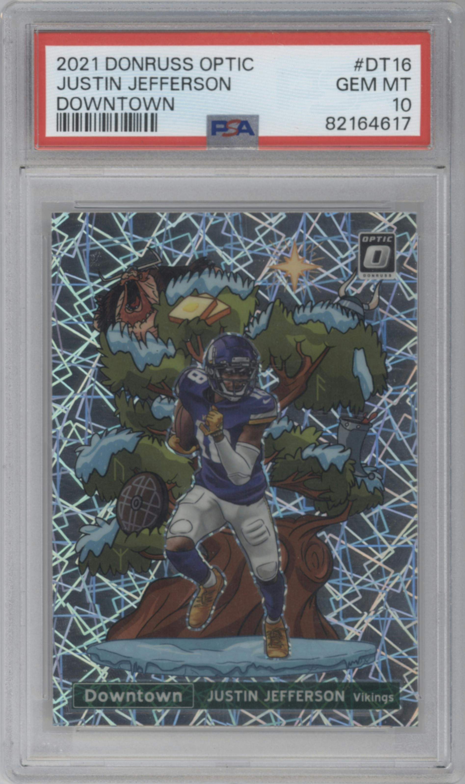 Justin Jefferson from the 2021 Panini Donruss Optic set graded by PSA and given an overall grade of 10.