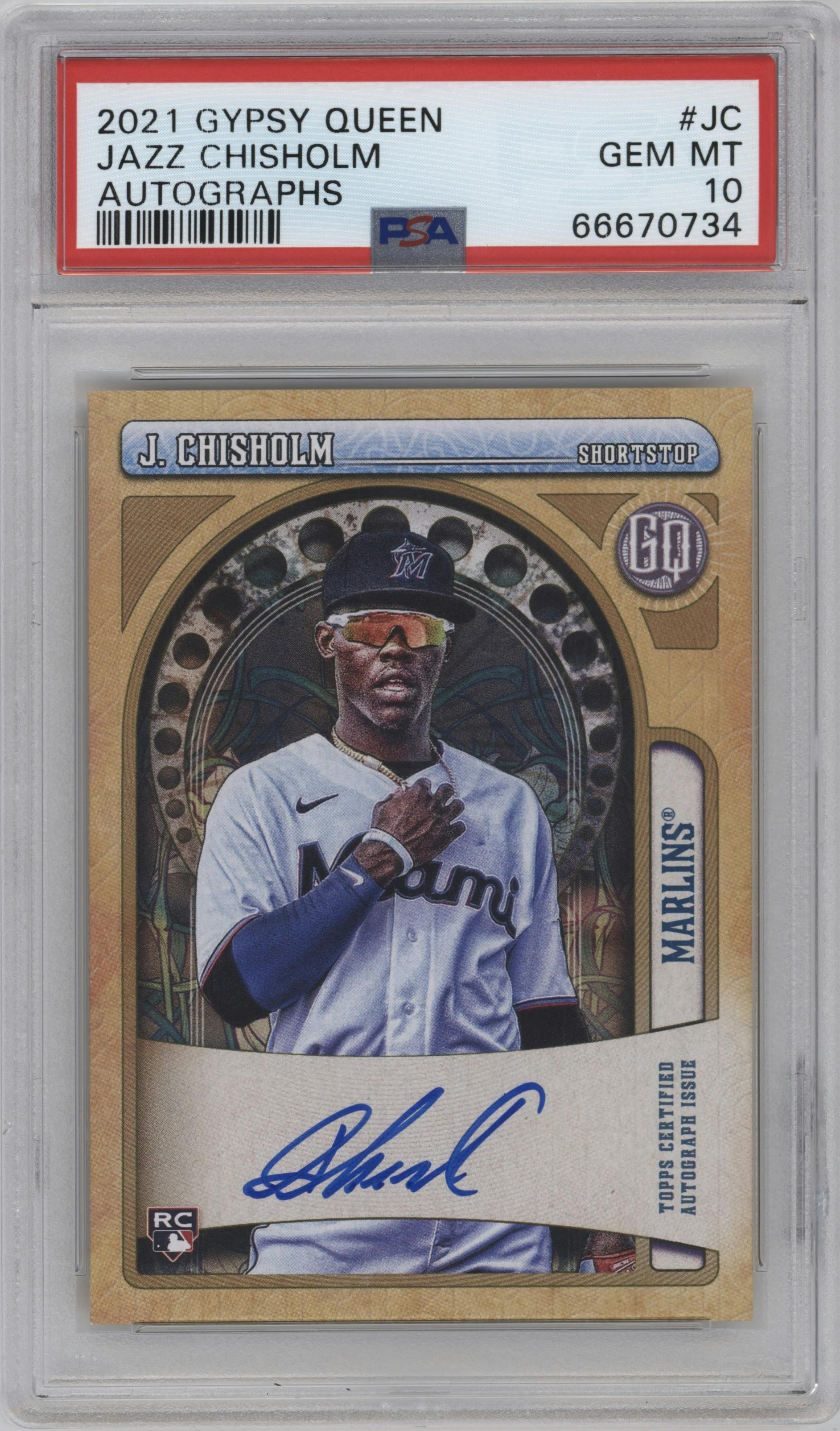 Jazz Chisholm from the 2021 Topps Gypsy Queen set graded by PSA and given an overall grade of 10.