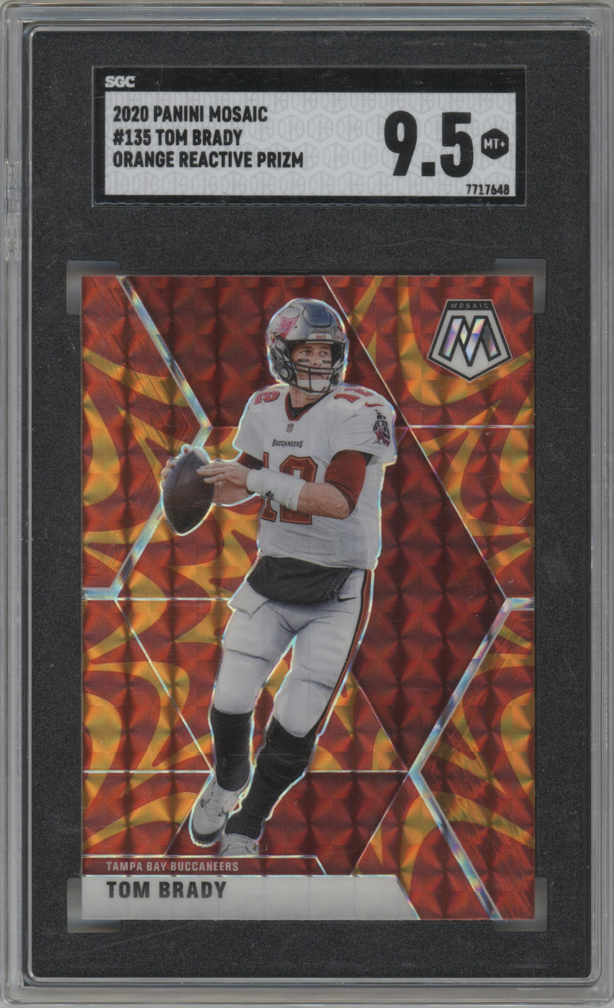 Tom Brady from the 2020 Panini Mosaic set featuring a Reactive Orange parallel graded by SGC and given an overall grade of 9.5.