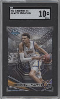 Victor Wembanyama from the 2022-23 Bowman University Best set graded by SGC and given an overall grade of 10.
